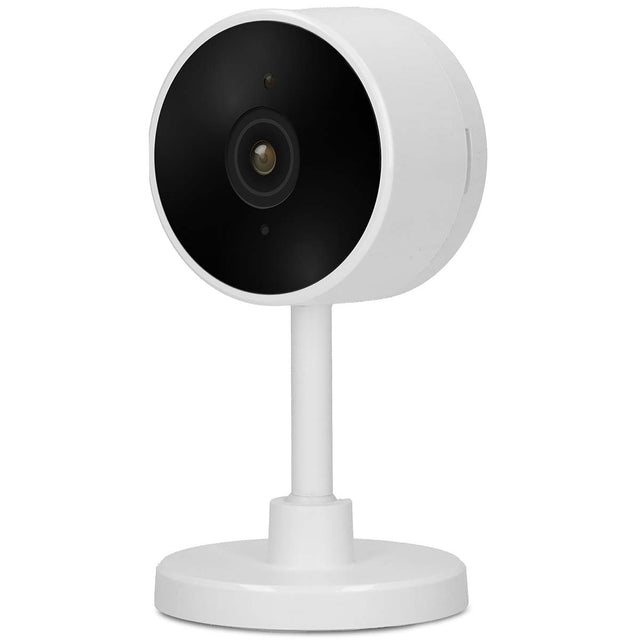Una telecamera di sicurezza bianca con testa e lente rotonde su un supporto.
