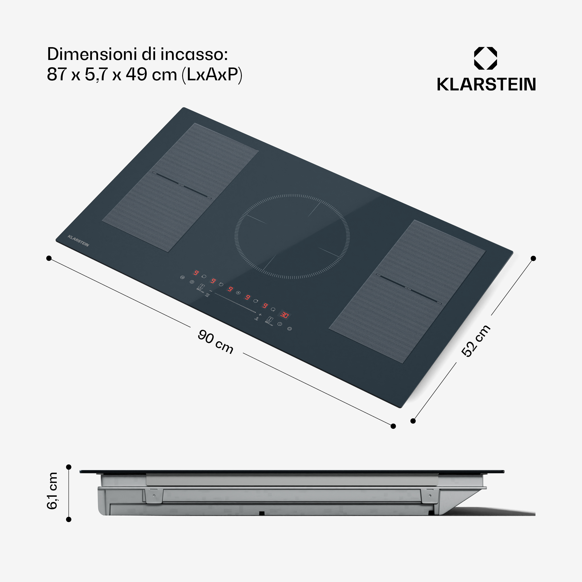 Un piano cottura a induzione da incasso nero con comandi touch e dimensioni.
