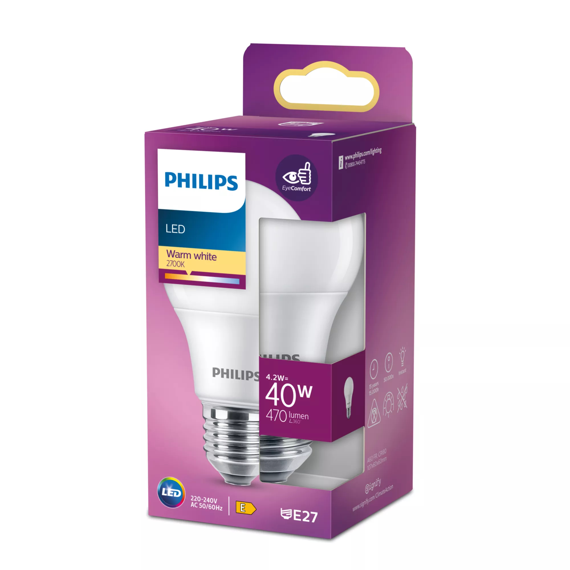 Lampadina LED Philips, 40W eq., 470 lumen, bianco caldo 2700K, attacco E27.