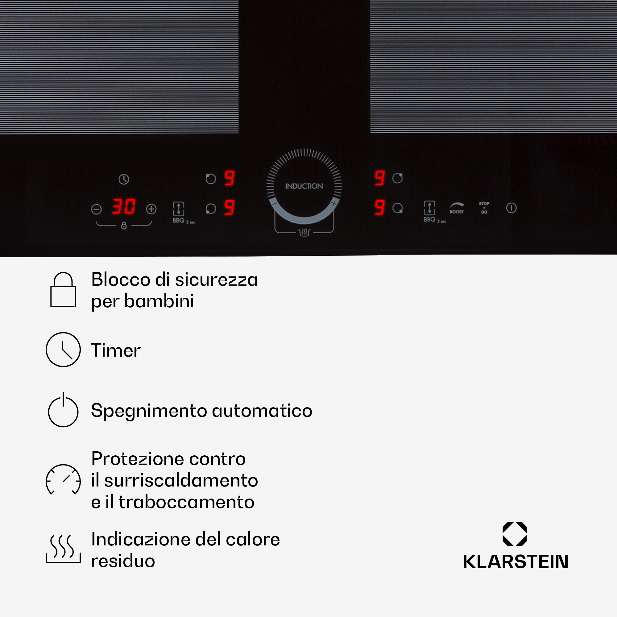Un piano cottura a induzione con display digitali per temperatura e timer.