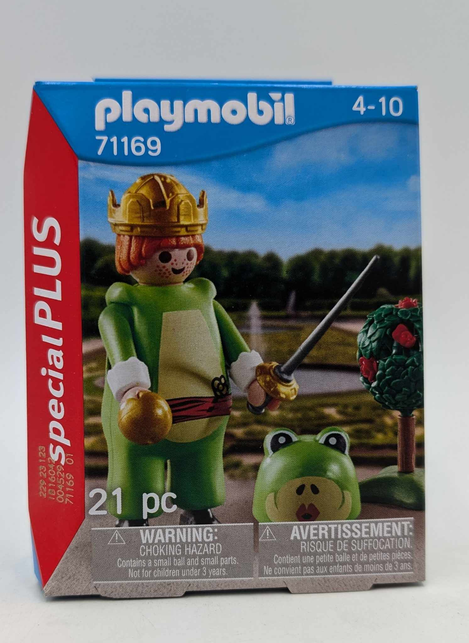 Playmobil-Verpackung mit König, Schwert, Frosch und Gartenkulisse.