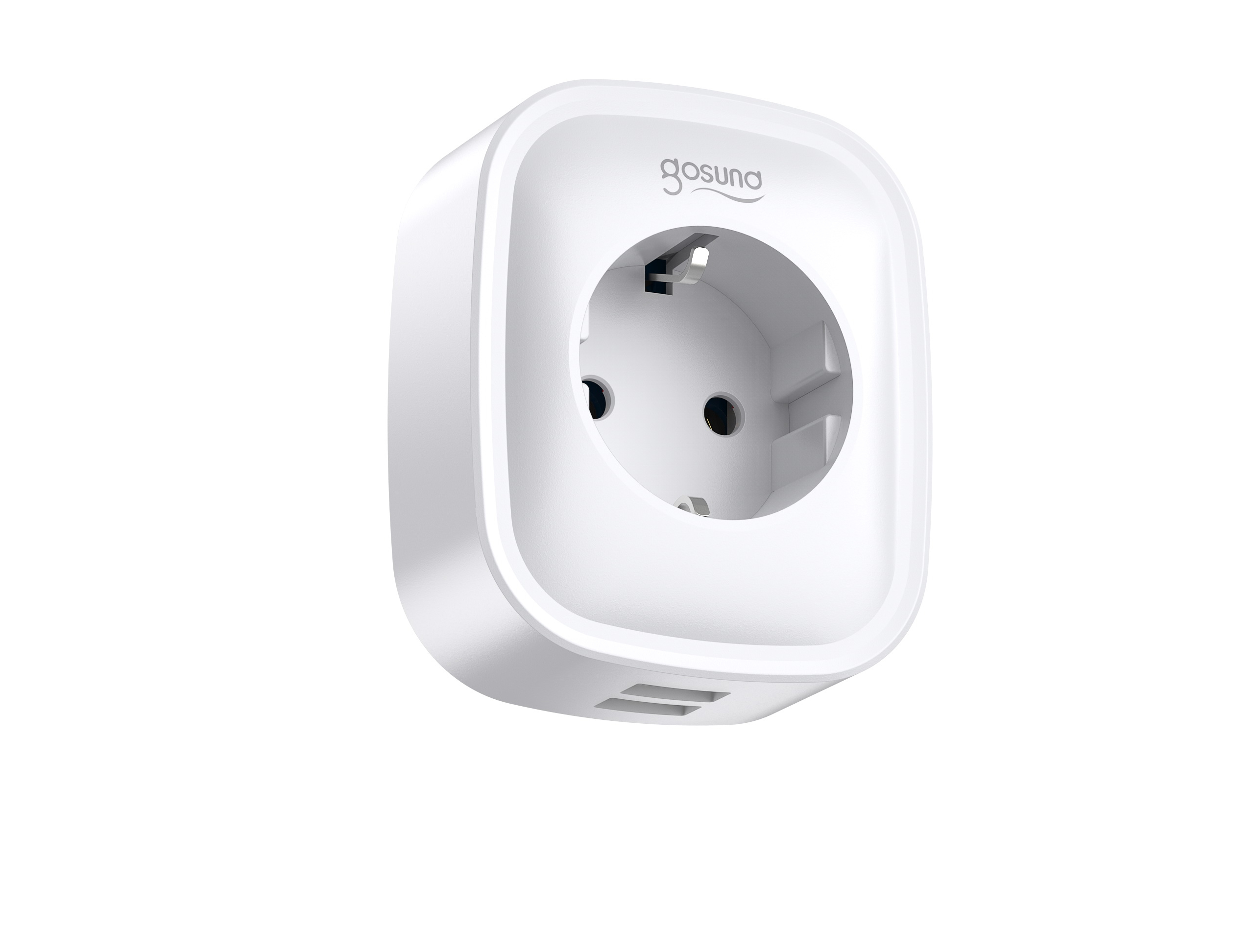 Una spina Gosuna bianca con due porte USB e una presa di corrente.