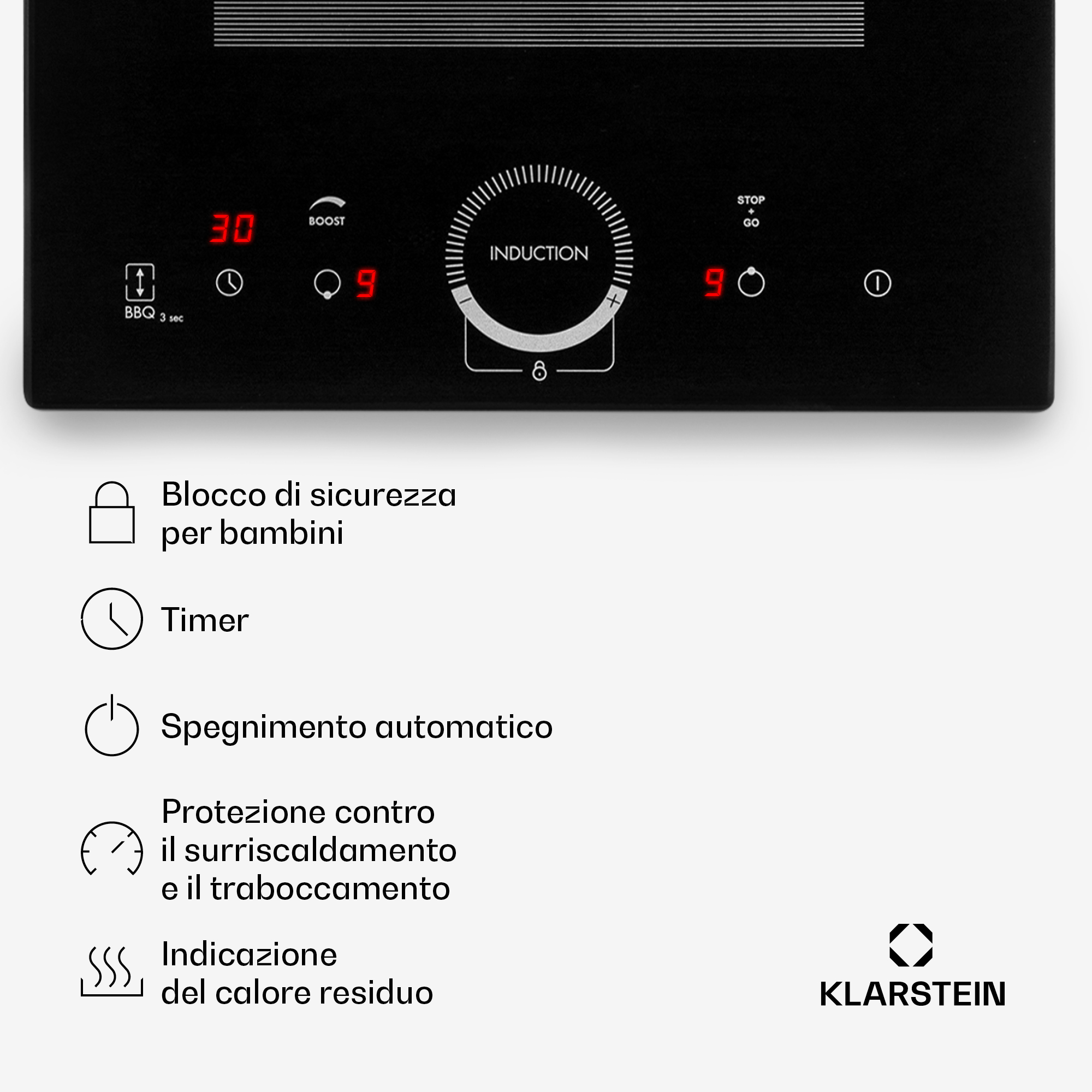 Ein schwarzes Induktionskochfeld mit digitalen Anzeigen und Symbolen.