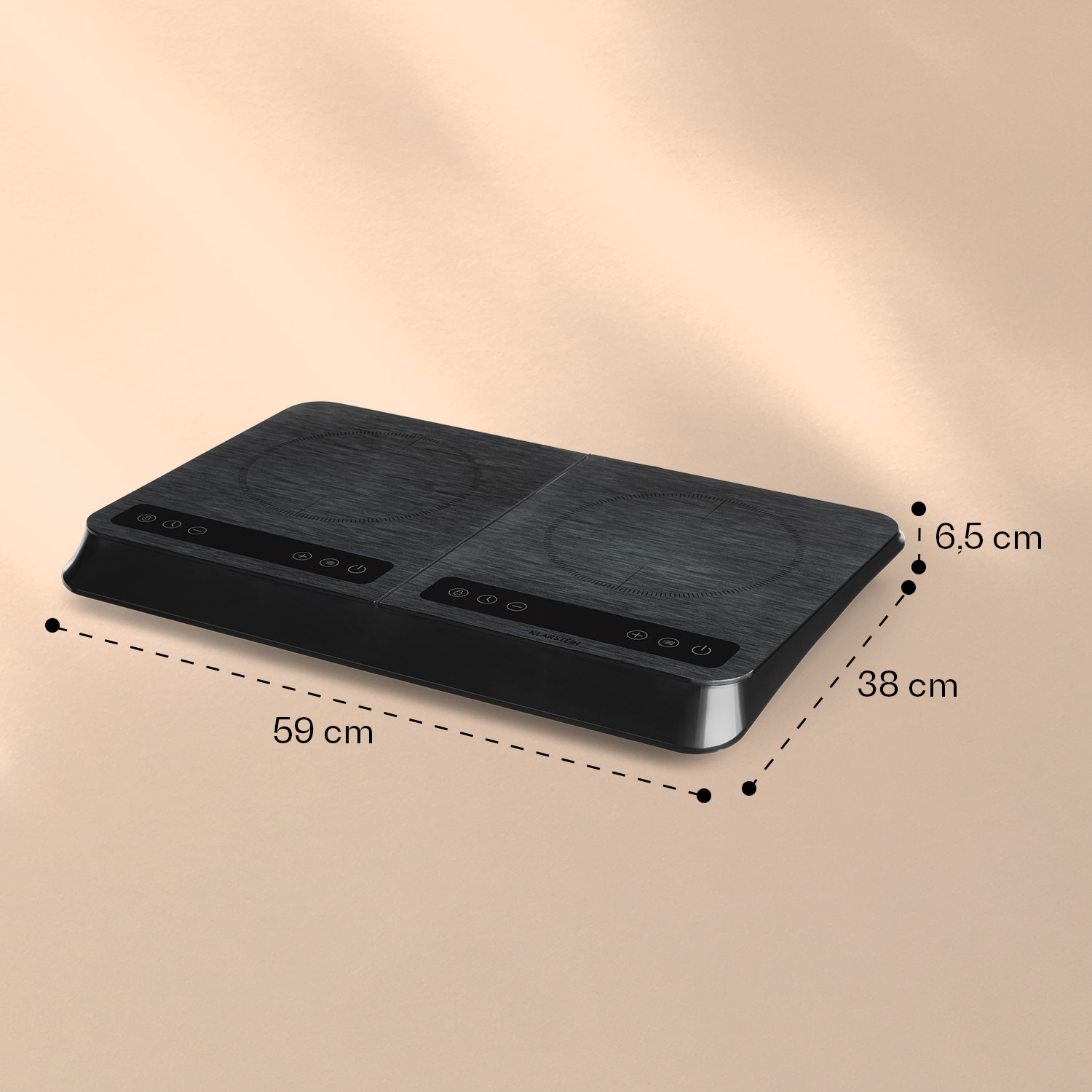 Un piano cottura a induzione nero, 59x38x6,5cm, con due zone di cottura e controlli digitali.