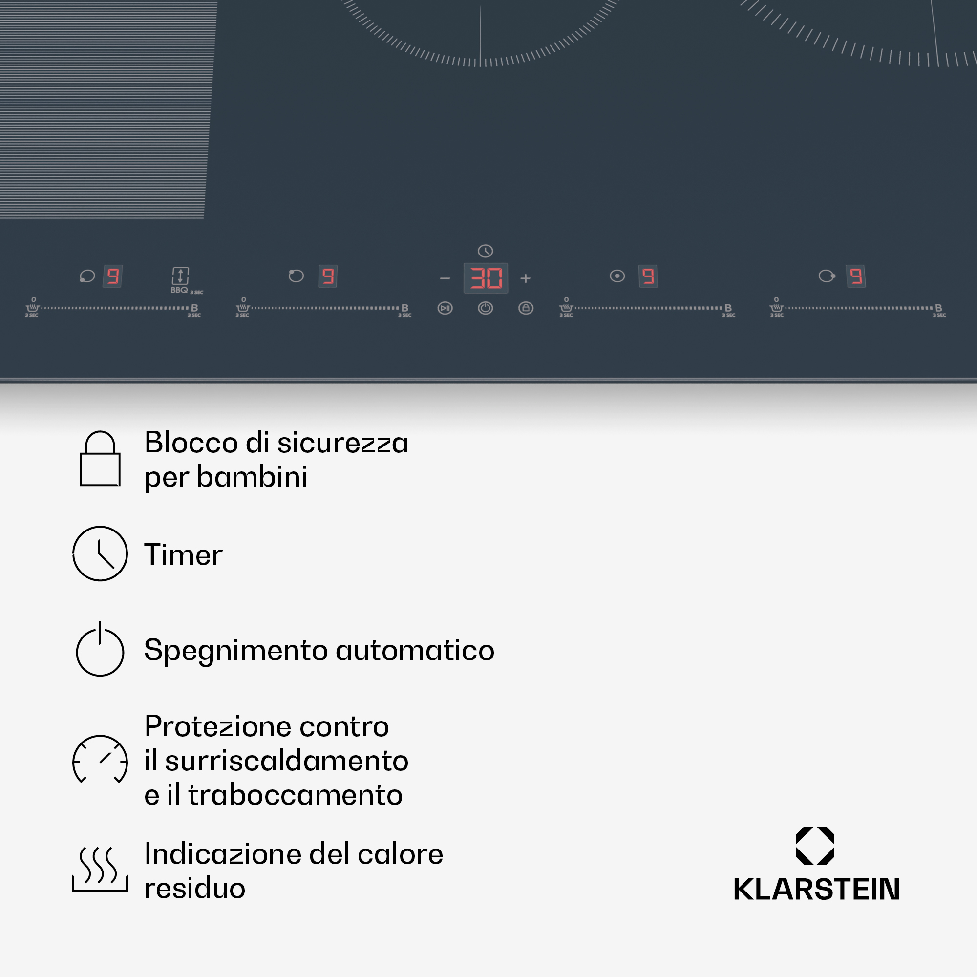 Un piano cottura con display digitali e icone per blocco bambini, timer, spegnimento automatico, protezione surriscaldamento e calore residuo.