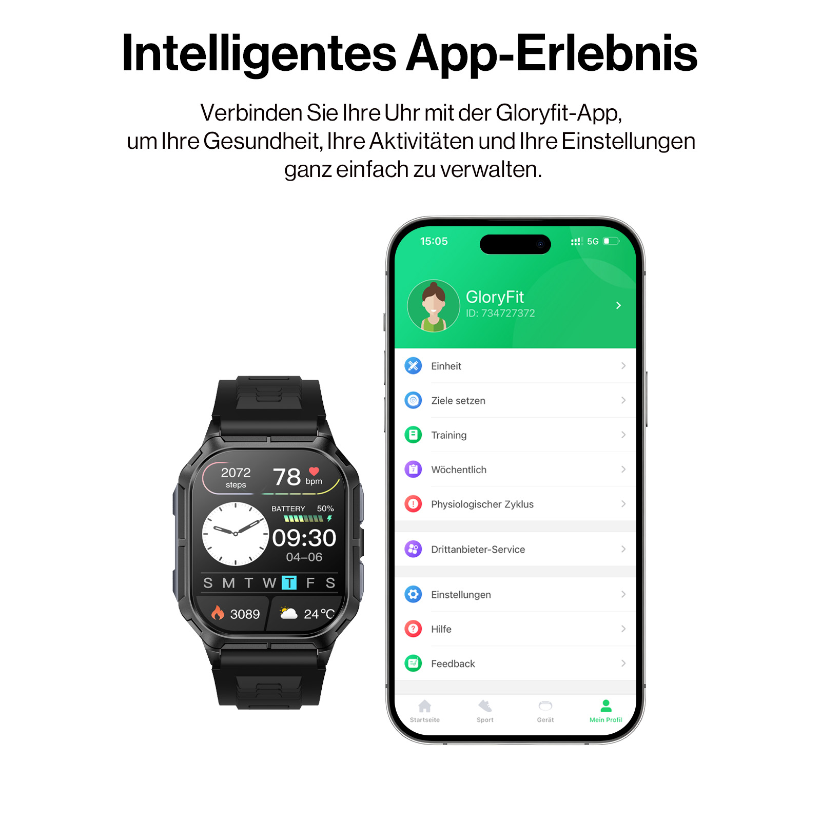 Eine schwarze Smartwatch zeigt Schritte, Herzfrequenz, Akku und Uhrzeit an. Daneben ein Smartphone mit GloryFit-App.