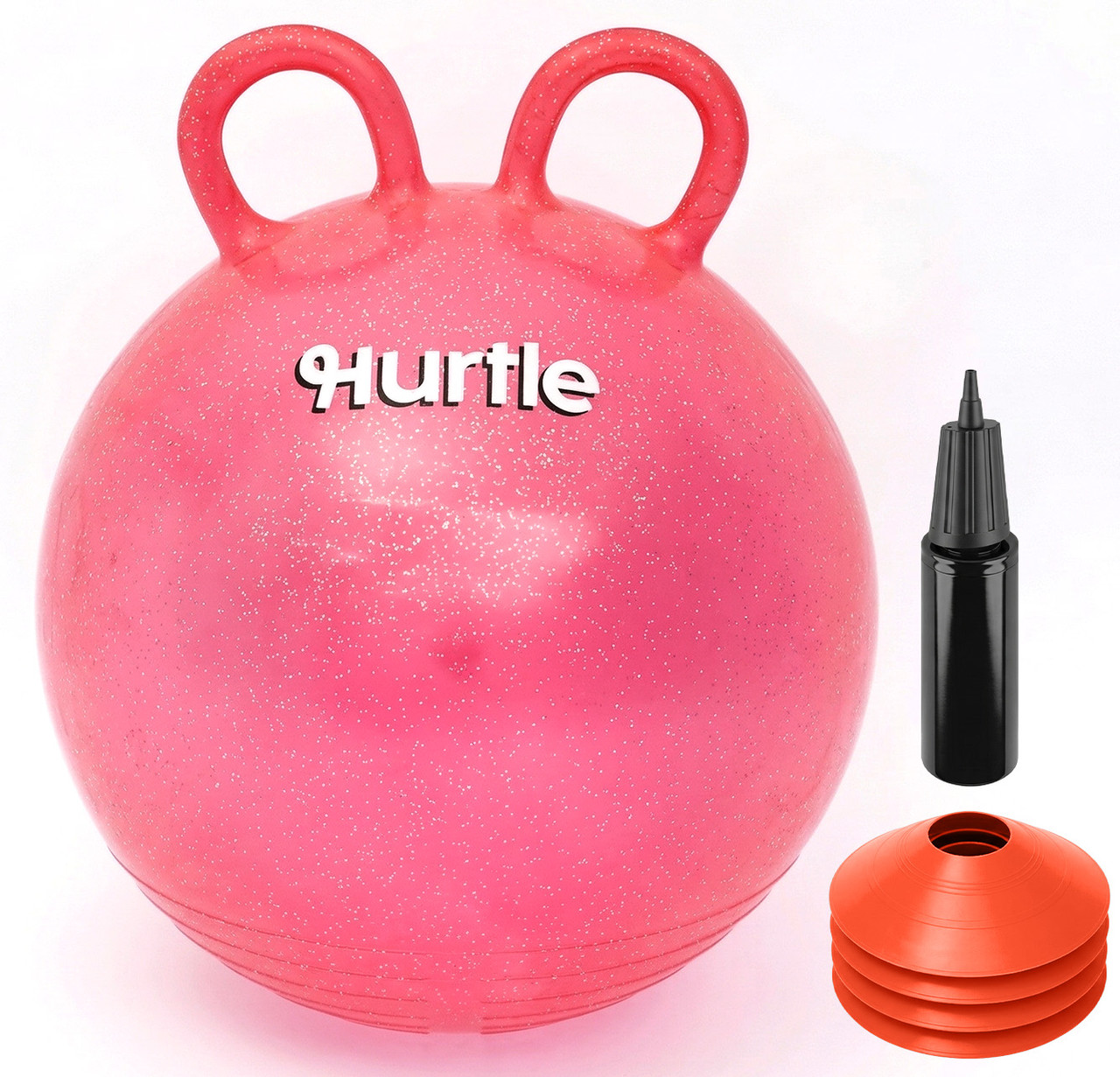 Ein glitzernder rosa Hüpfball mit Griffen, Pumpe und Orangenkegeln.