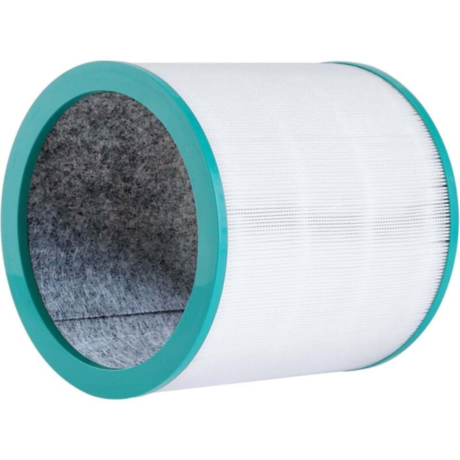 Ein zylindrischer HEPA-Filter mit einem türkisfarbenen Rand und weißem Filtermaterial.