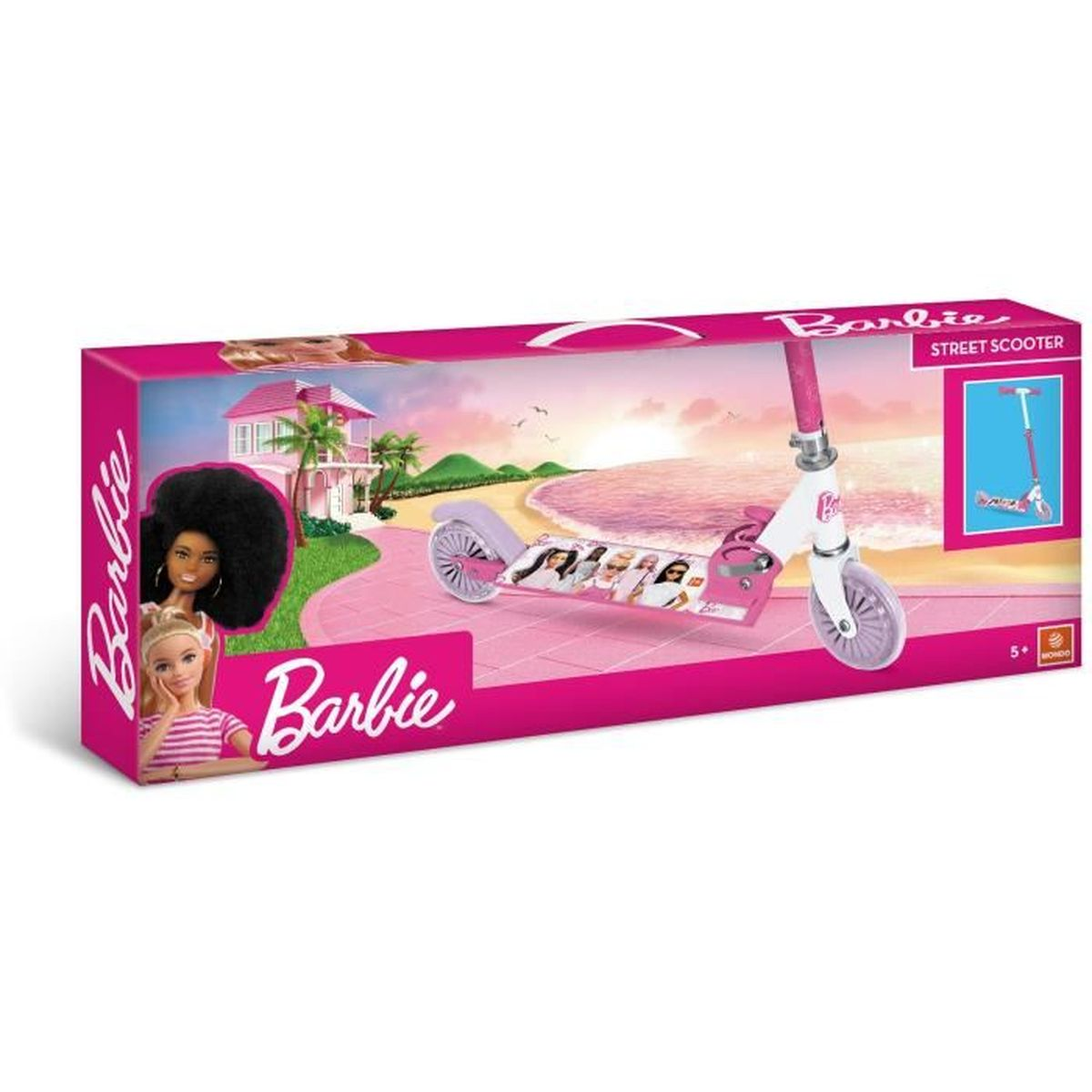 Scatola monopattino Barbie con immagini di Barbie e un monopattino davanti a una scena di spiaggia.