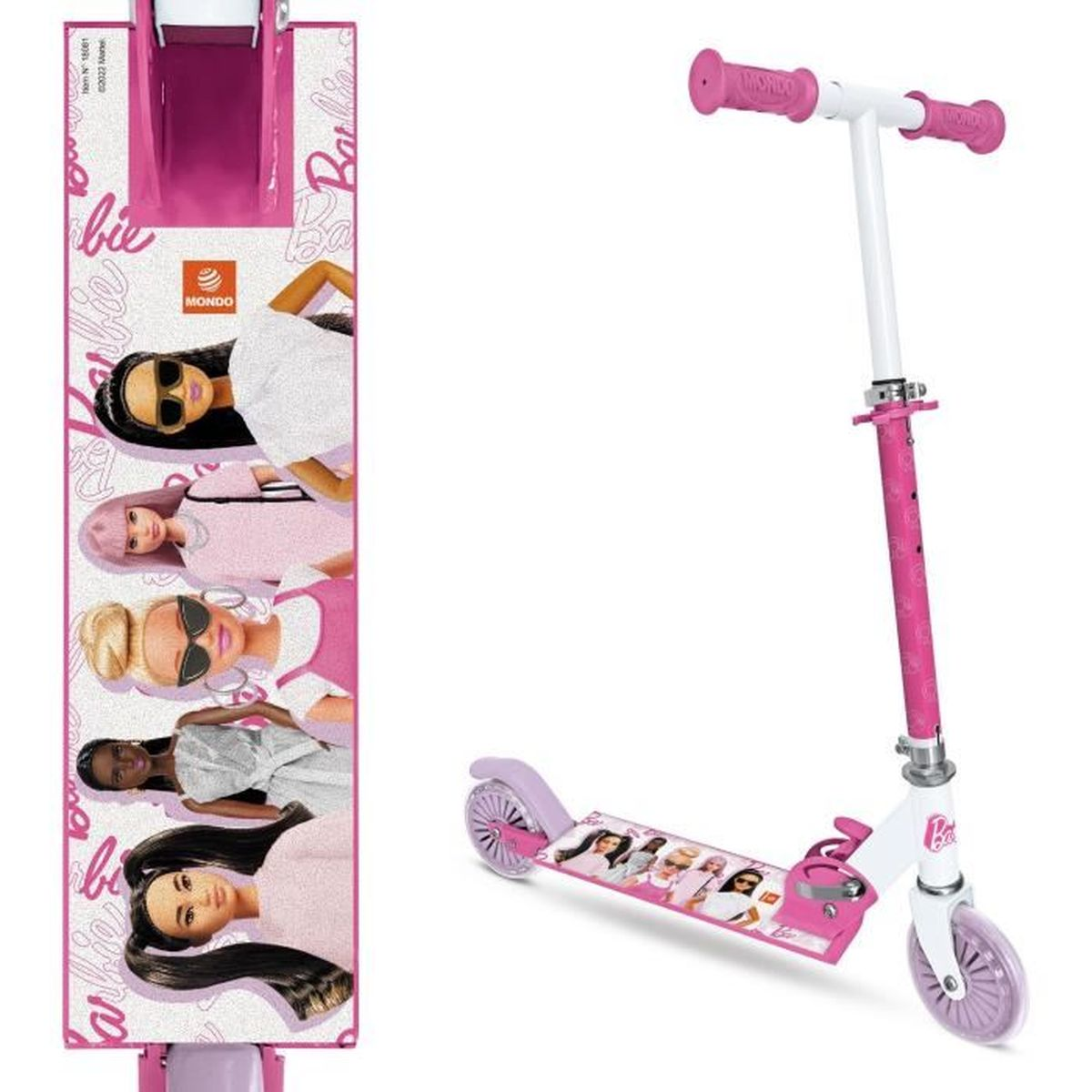 Un monopattino rosa Barbie con manici bianchi e ruote viola.