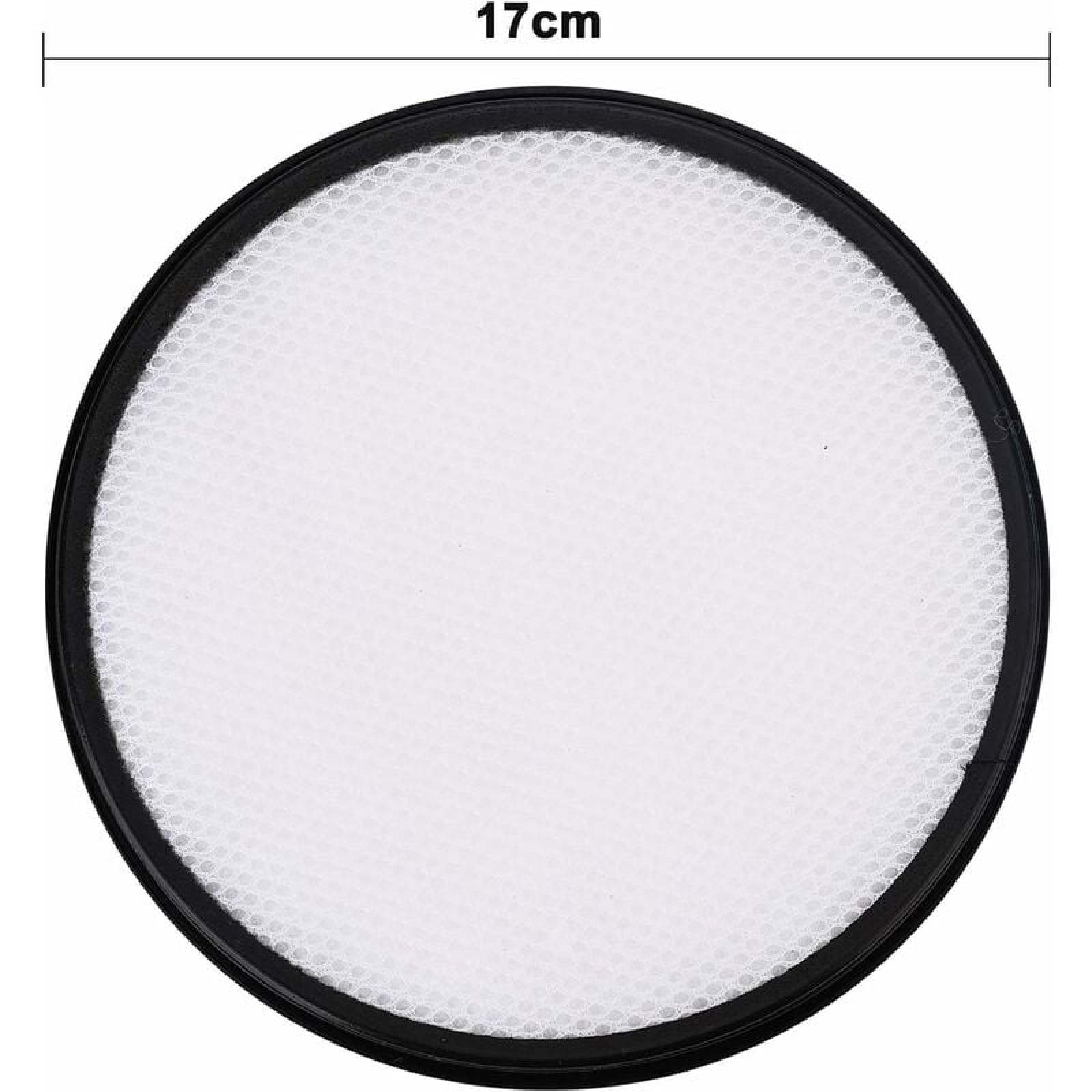 Ein runder weißer HEPA-Filter mit schwarzem Rand, 17 cm Durchmesser.
