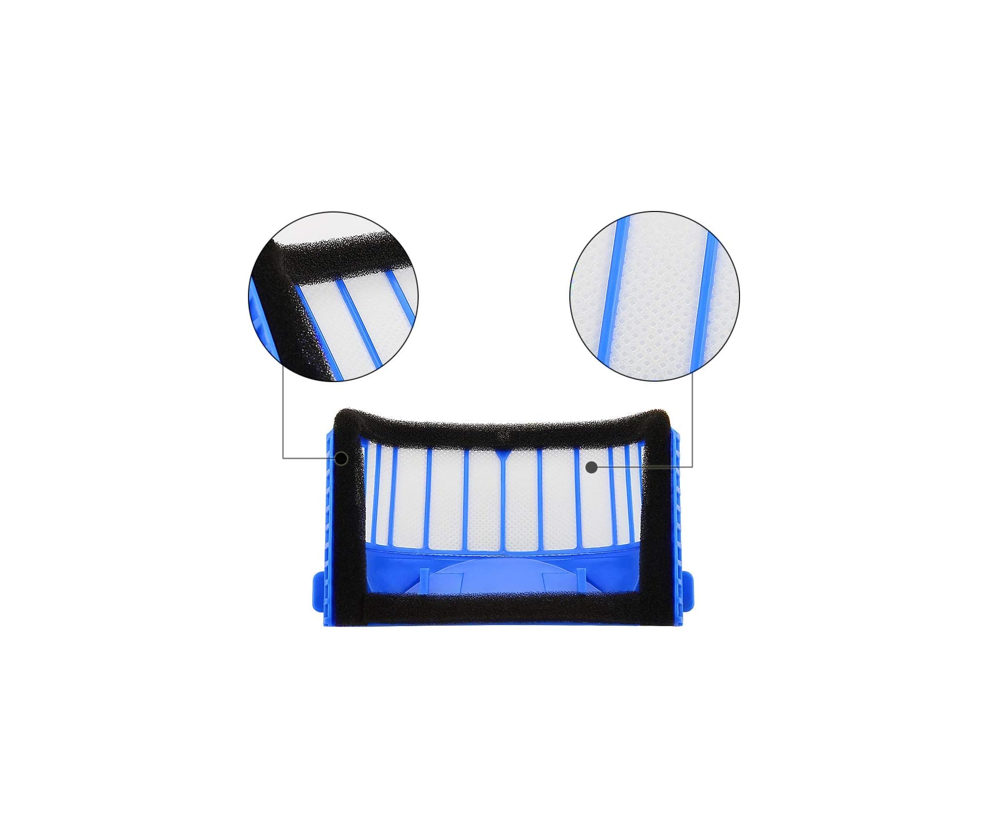 Ein blauer Staubsaugerfilter mit schwarzen Dichtungen und weißen Lamellen.