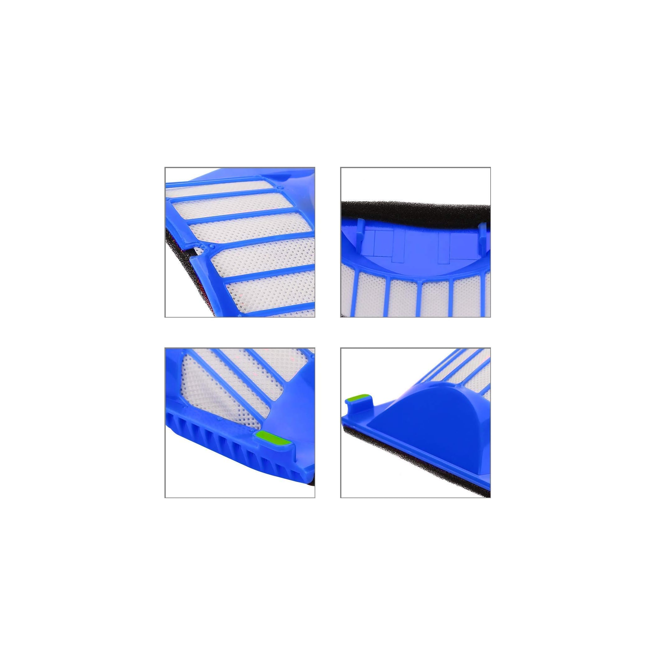 Blauer Kunststofffilter mit weißen Filtermaterial und schwarzem Schaumstoffrand.