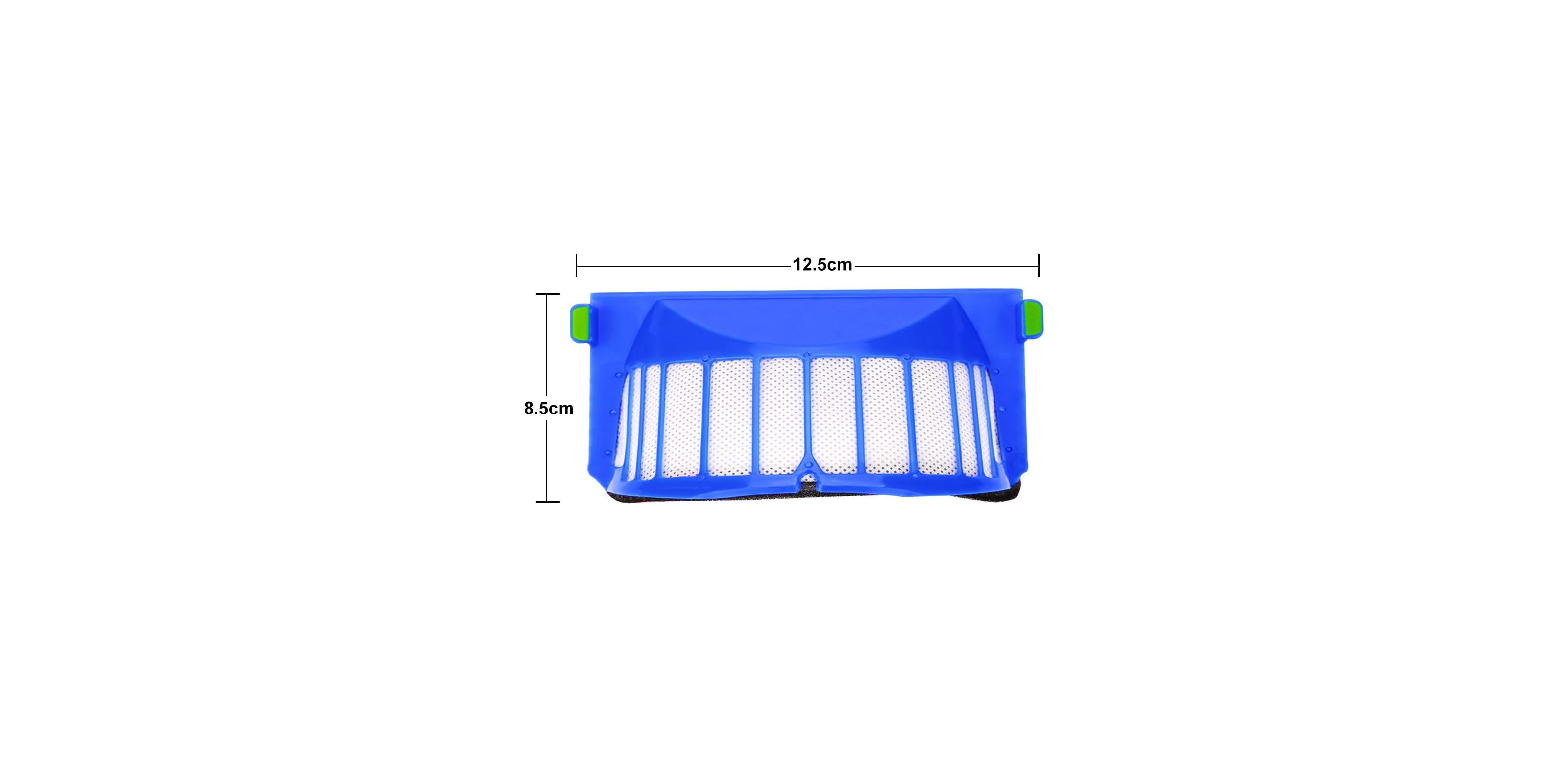 Blauer Staubsaugerfilter, 12,5 cm breit und 8,5 cm hoch.