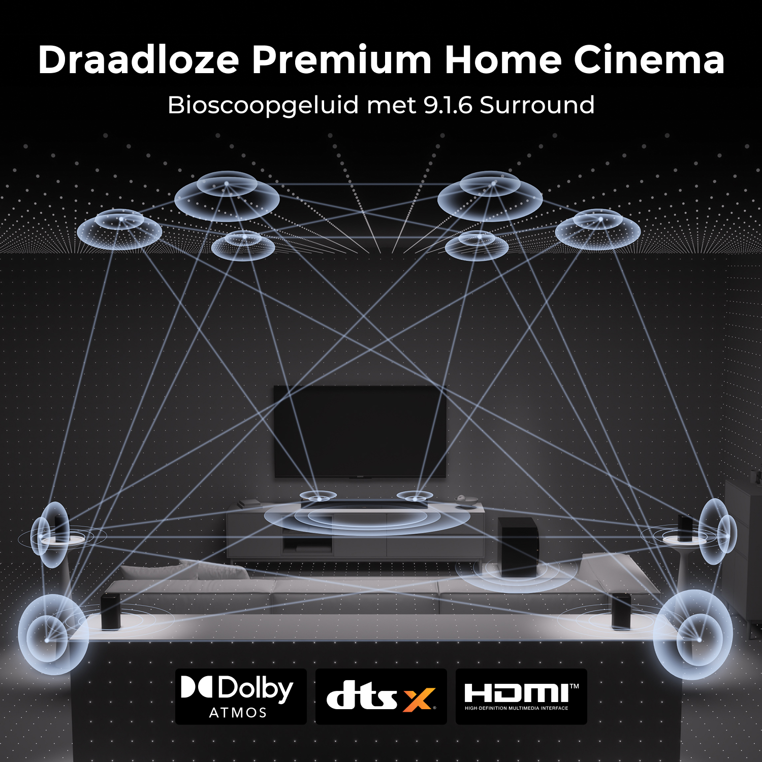 Draadloos premium home cinema met 9.1.6 surround sound luidsprekers.