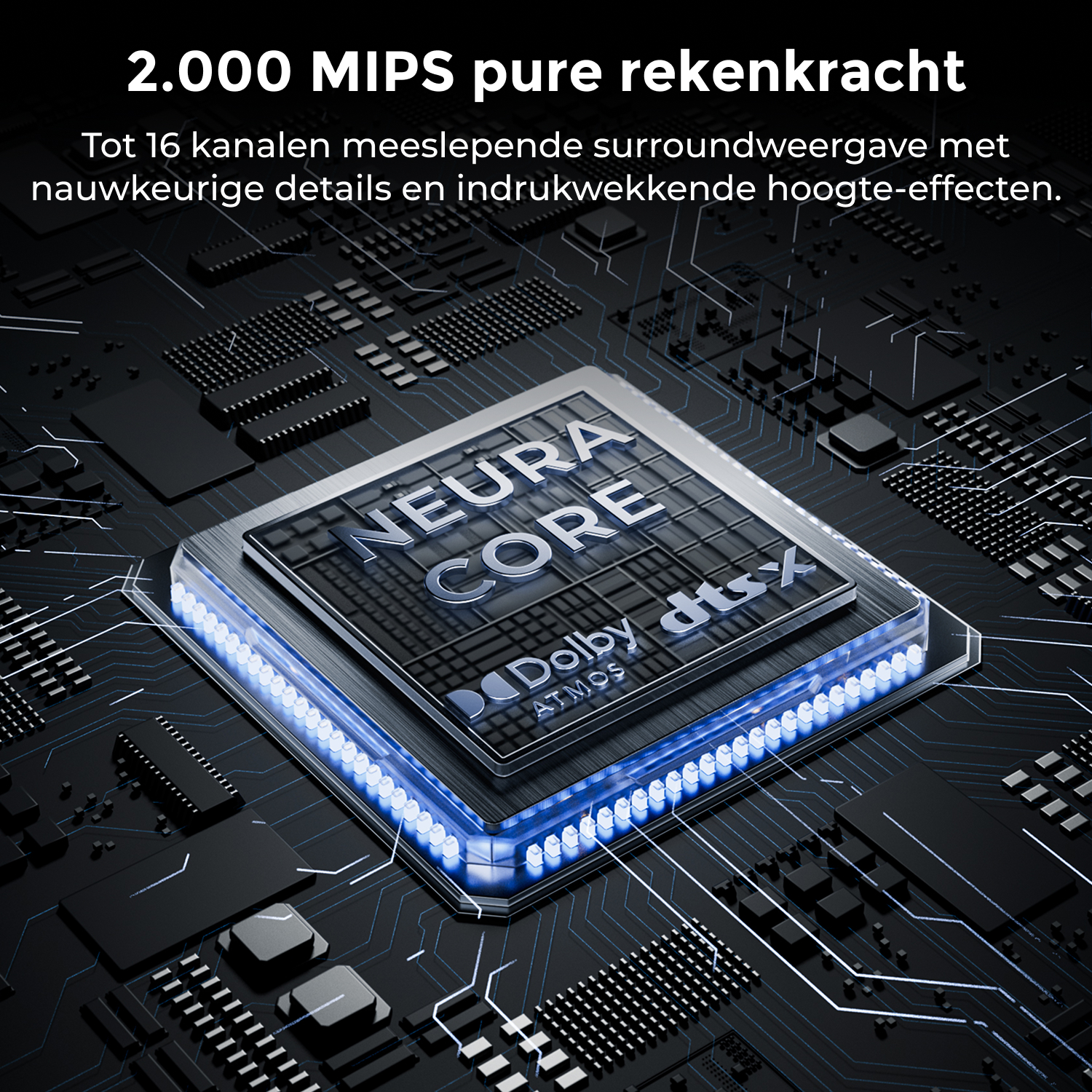 Een processorchip met de tekst "NEURA CORE" en "Dolby dts ATMOS".