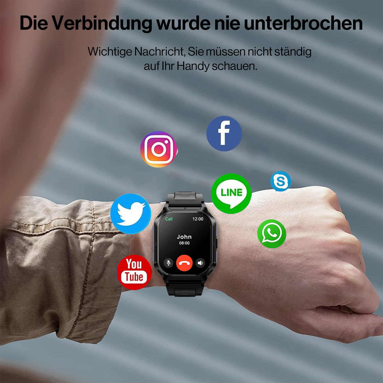 Smartwatch zeigt Benachrichtigungen von Apps wie Instagram, Facebook, Twitter, YouTube, LINE, Skype und WhatsApp.