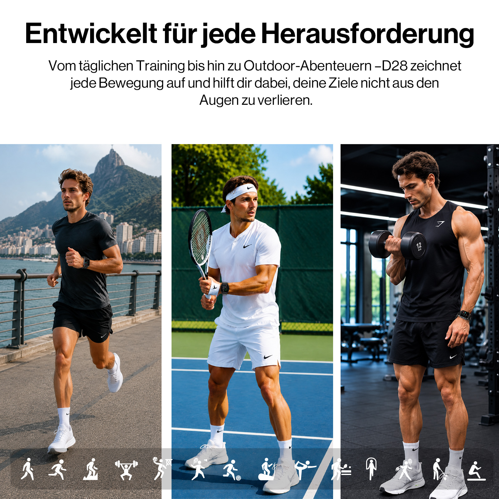 Drei Männer in Aktion: Laufen, Tennis spielen und Gewichtheben in verschiedenen Umgebungen.