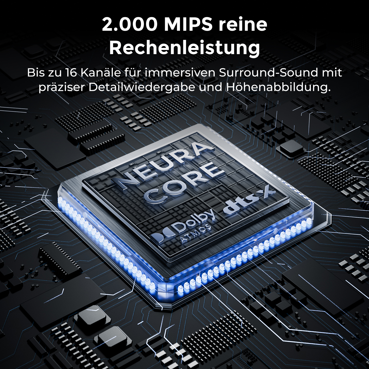 Puce Neura Core avec Dolby Atmos et DTS:X, LED bleu vif.