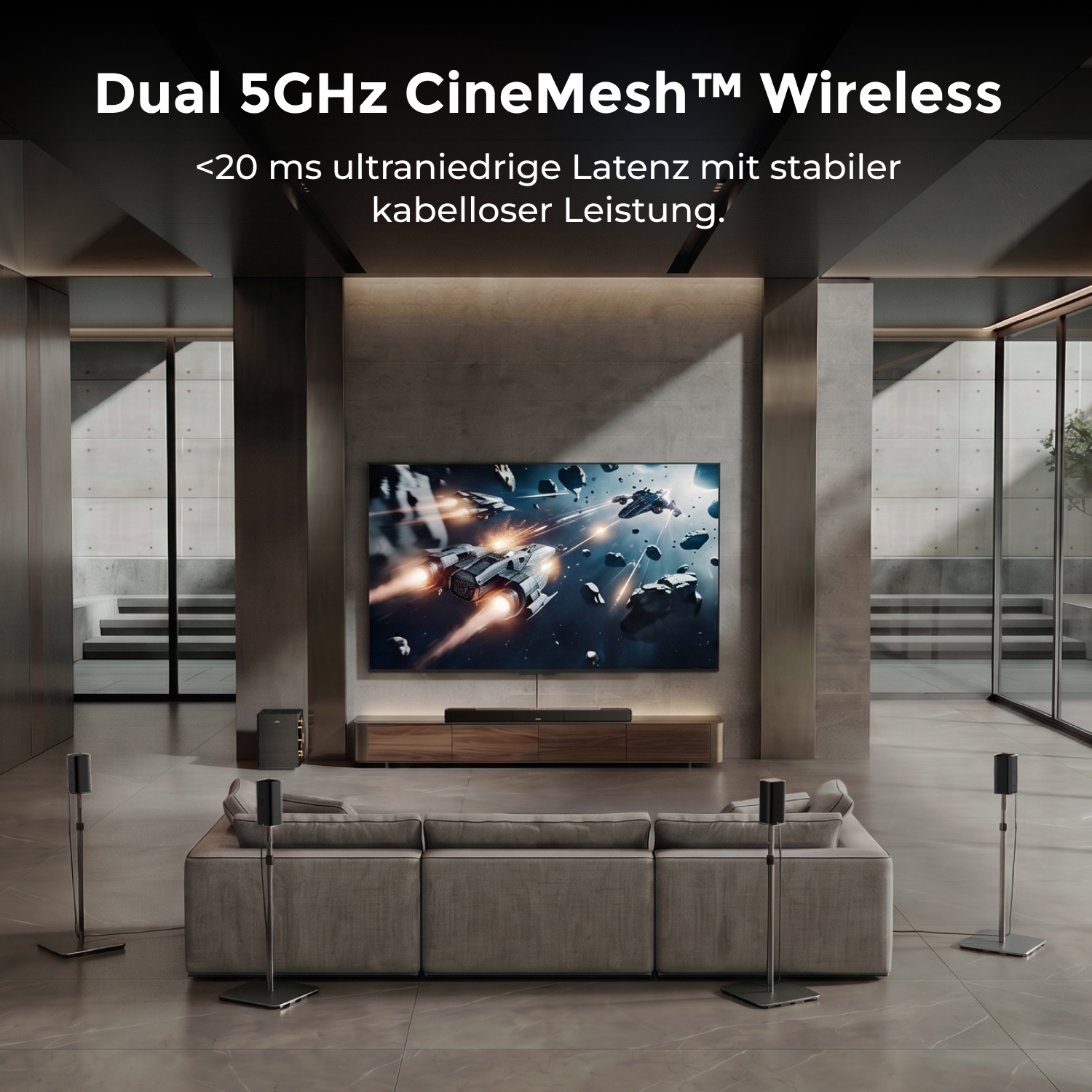 Salon moderne avec canapé, TV et haut-parleurs. Double 5GHz sans fil.
