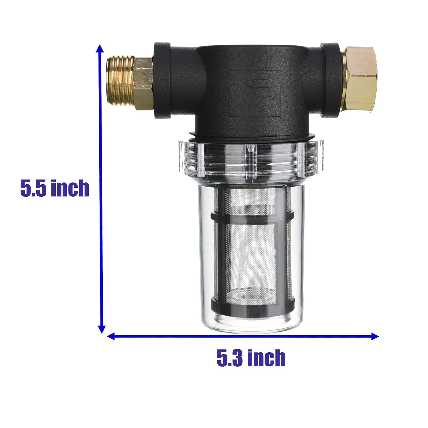 Wasserfilter mit klarem Gehäuse und schwarzem Kopf, Messungen 5,5x5,3 Zoll.