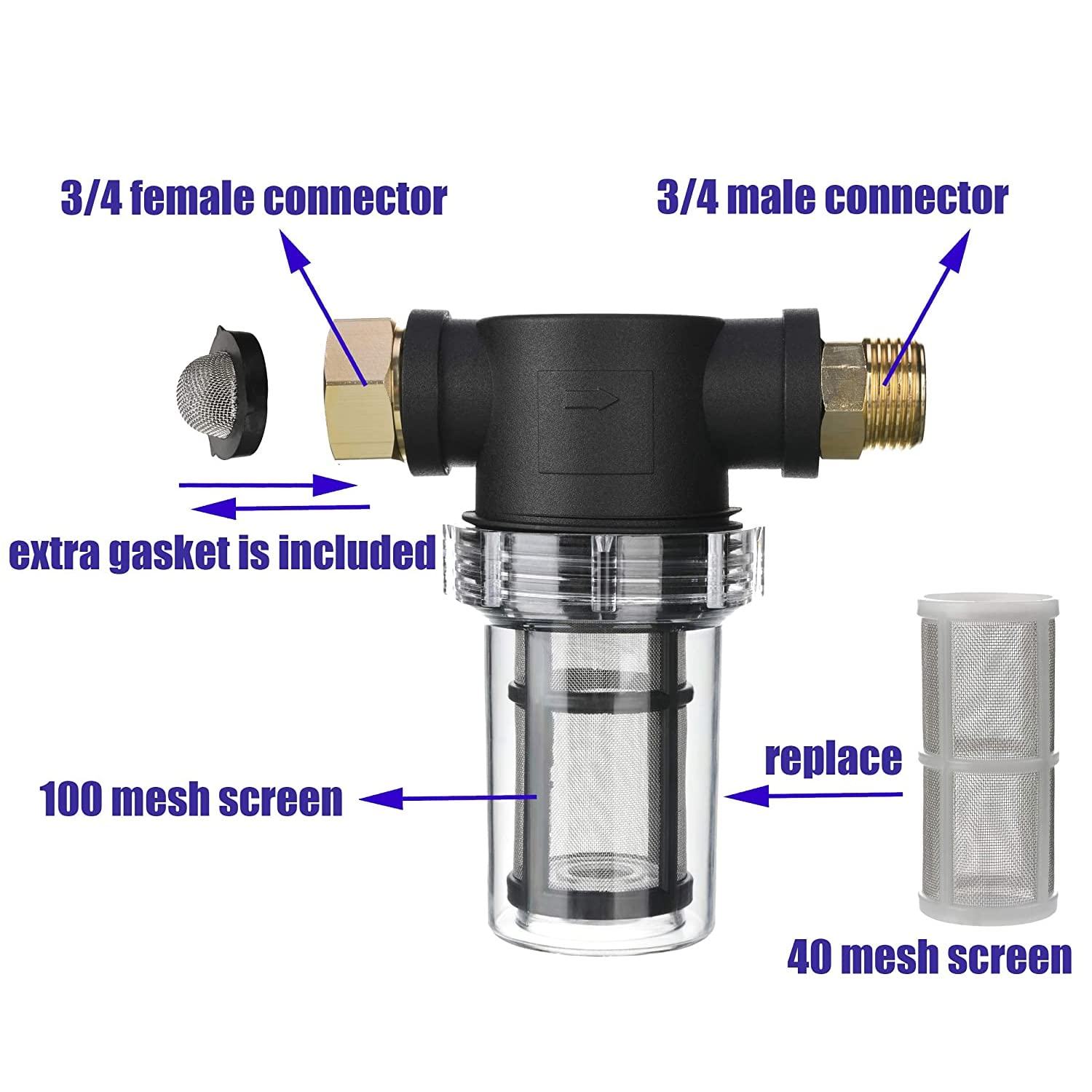 Wasserfilter mit 3/4-Anschlüssen, 100-Mesh-Sieb und Ersatzsieb (40-Mesh).