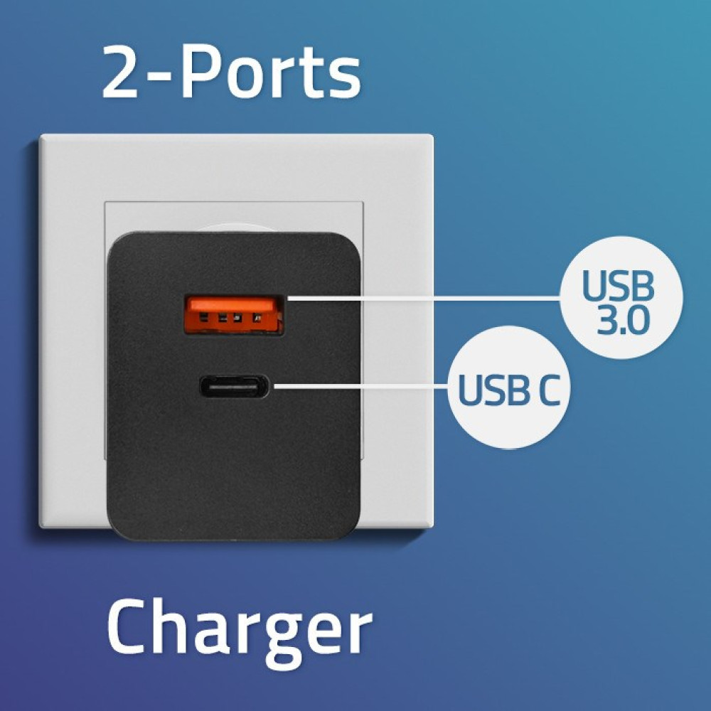 Czarna ładowarka 2-portowa z portami USB 3.0 i USB C, podłączona do białego gniazdka ściennego.