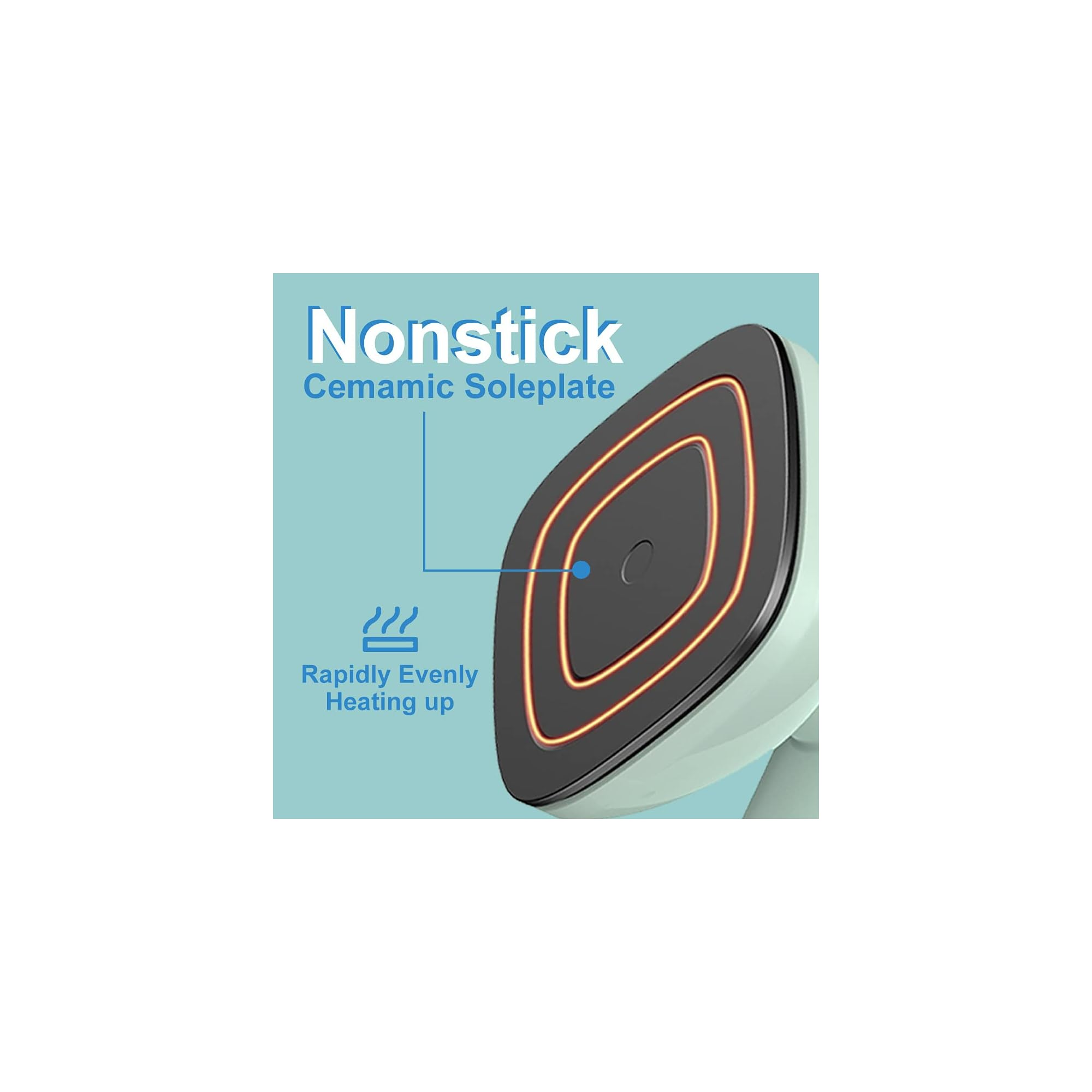 Hellgrünes Bügeleisen mit Nonstick-Keramiksohle, die schnell und gleichmäßig aufheizt.