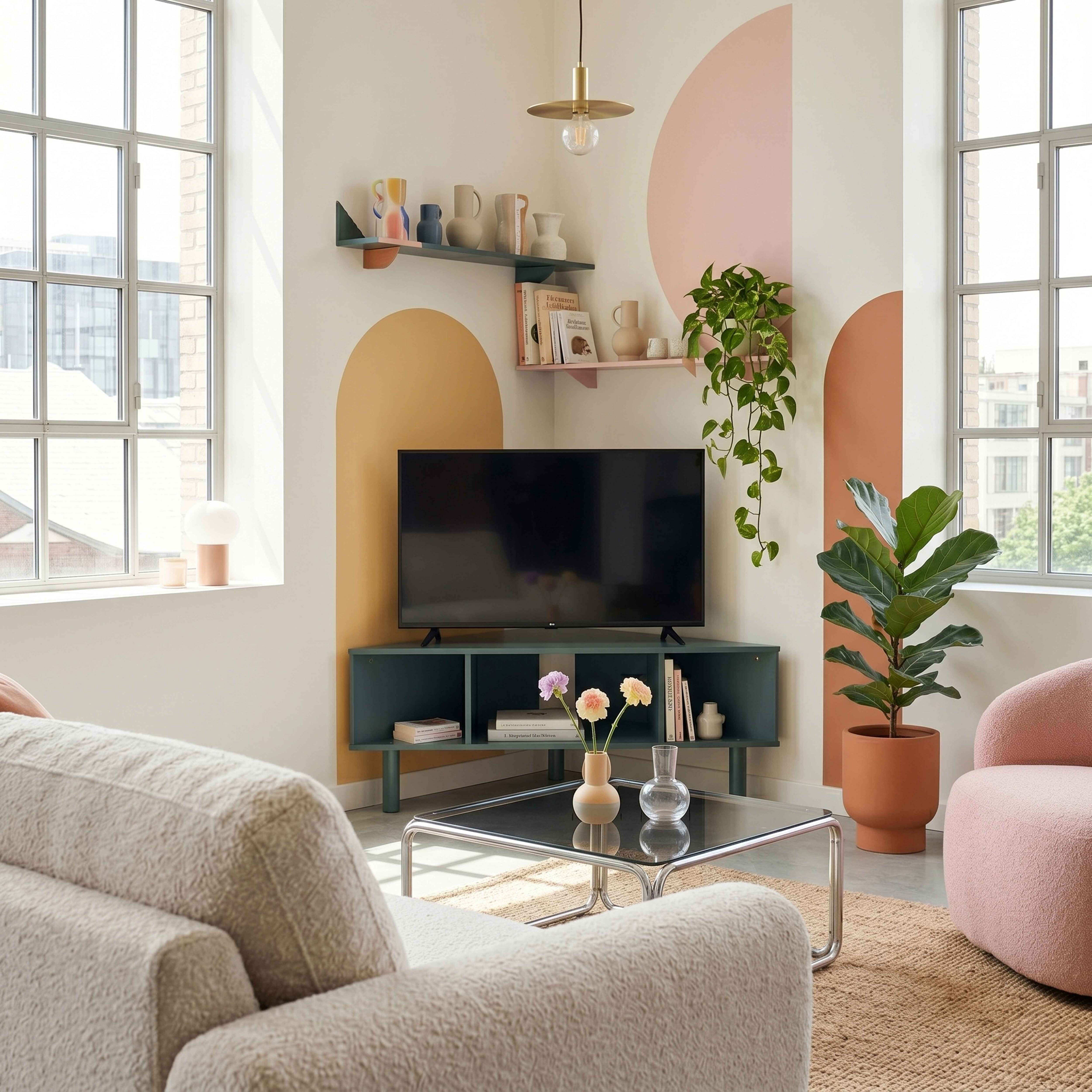 Ein Wohnzimmer mit Fernseher, Sofa, Sessel und Pflanzen. Bunte Wanddekoration.