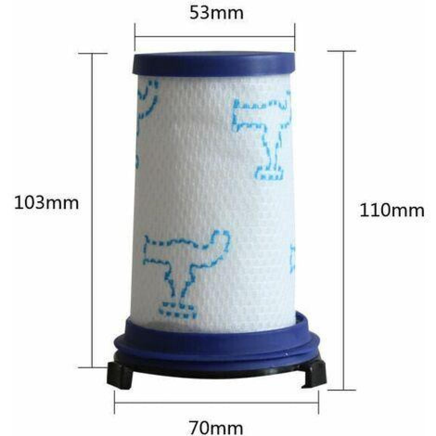 Ein weißer zylindrischer Staubsaugerfilter mit blauem Muster und blauen Kappen.