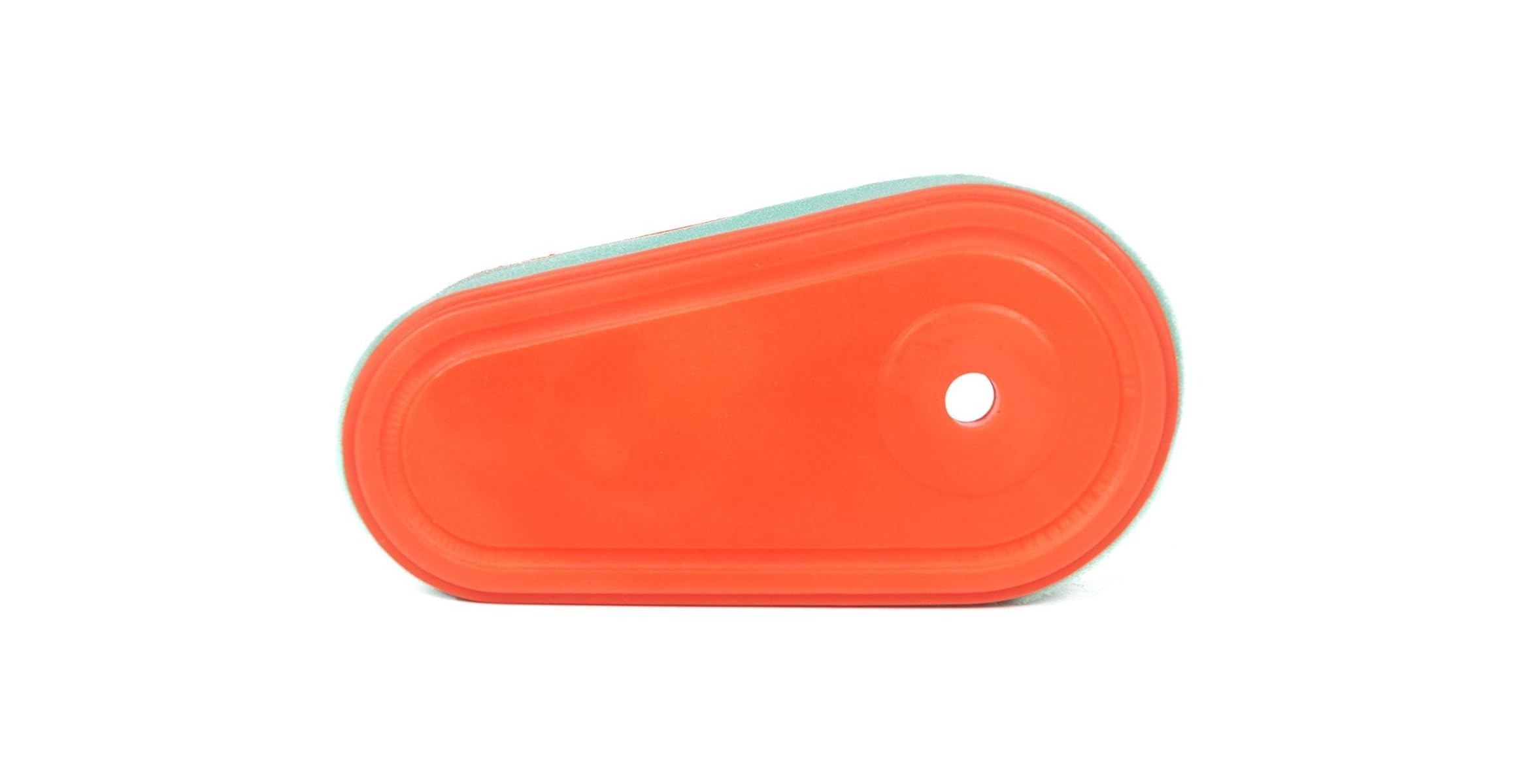 Ein orangefarbener Luftfilter mit blauem Rand und einem Loch in der Mitte.