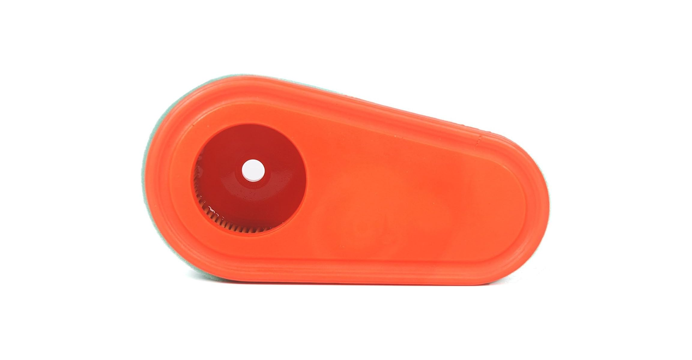 Ein orangefarbener Luftfilter mit einem kreisförmigen Ausschnitt und einem weißen Punkt.