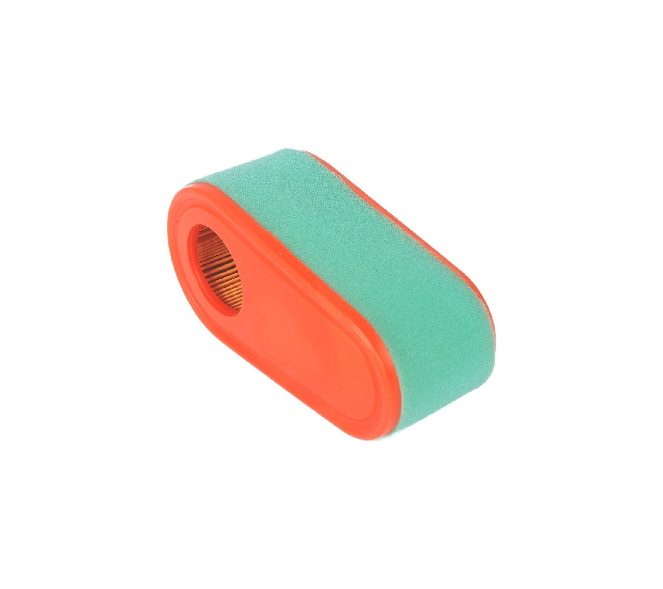 Ein orangefarbener und mintgrüner Luftfilter mit Faltenfilterelement.