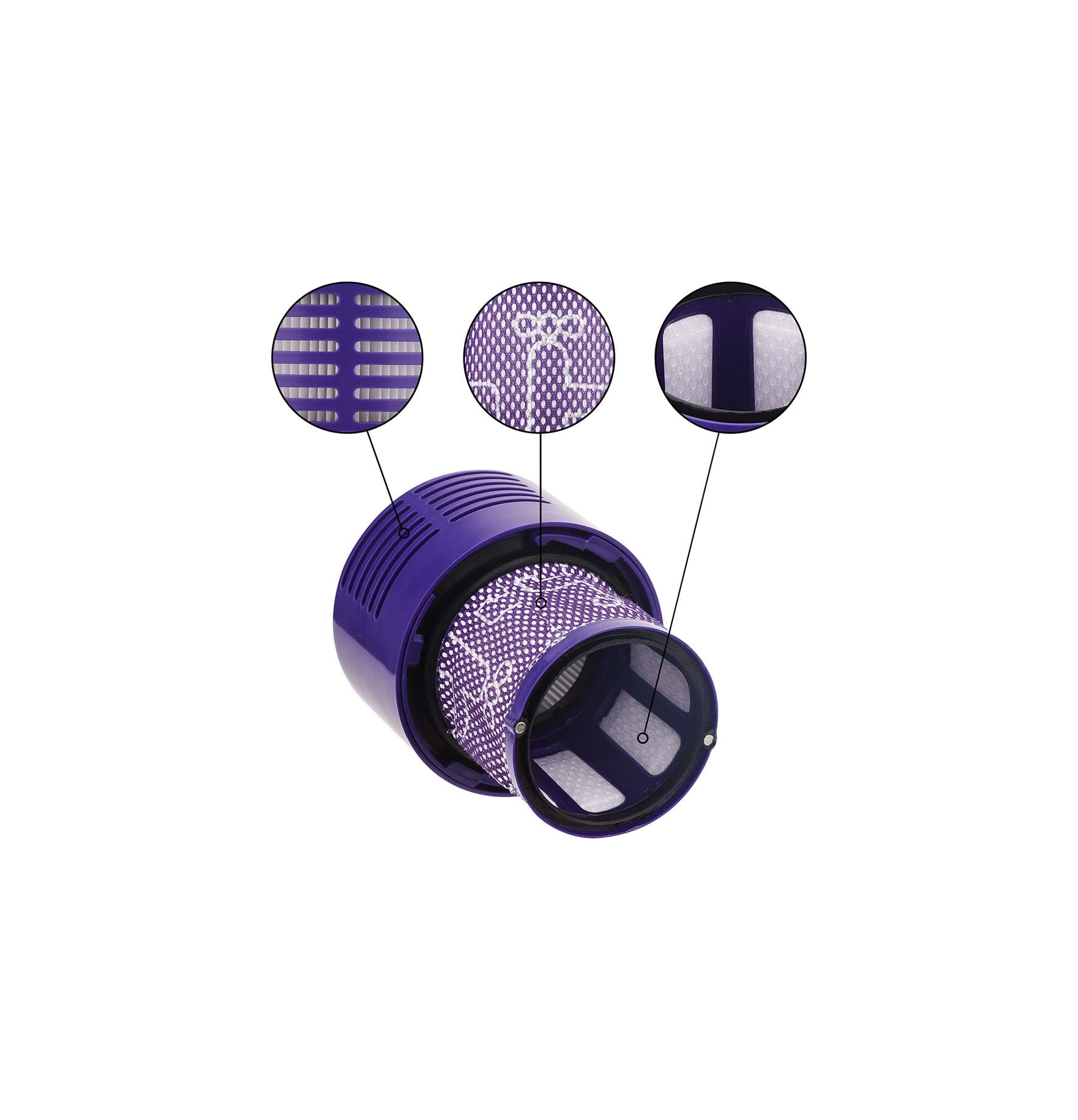 Violette Staubsaugerfilter-Teile mit detaillierten Ansichten.