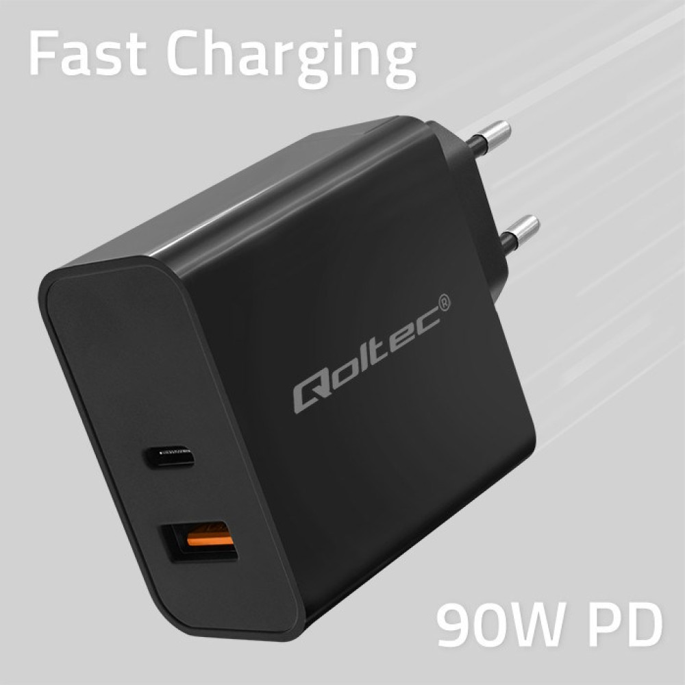 Czarna ładowarka z portami USB-C i USB-A, 90W PD.