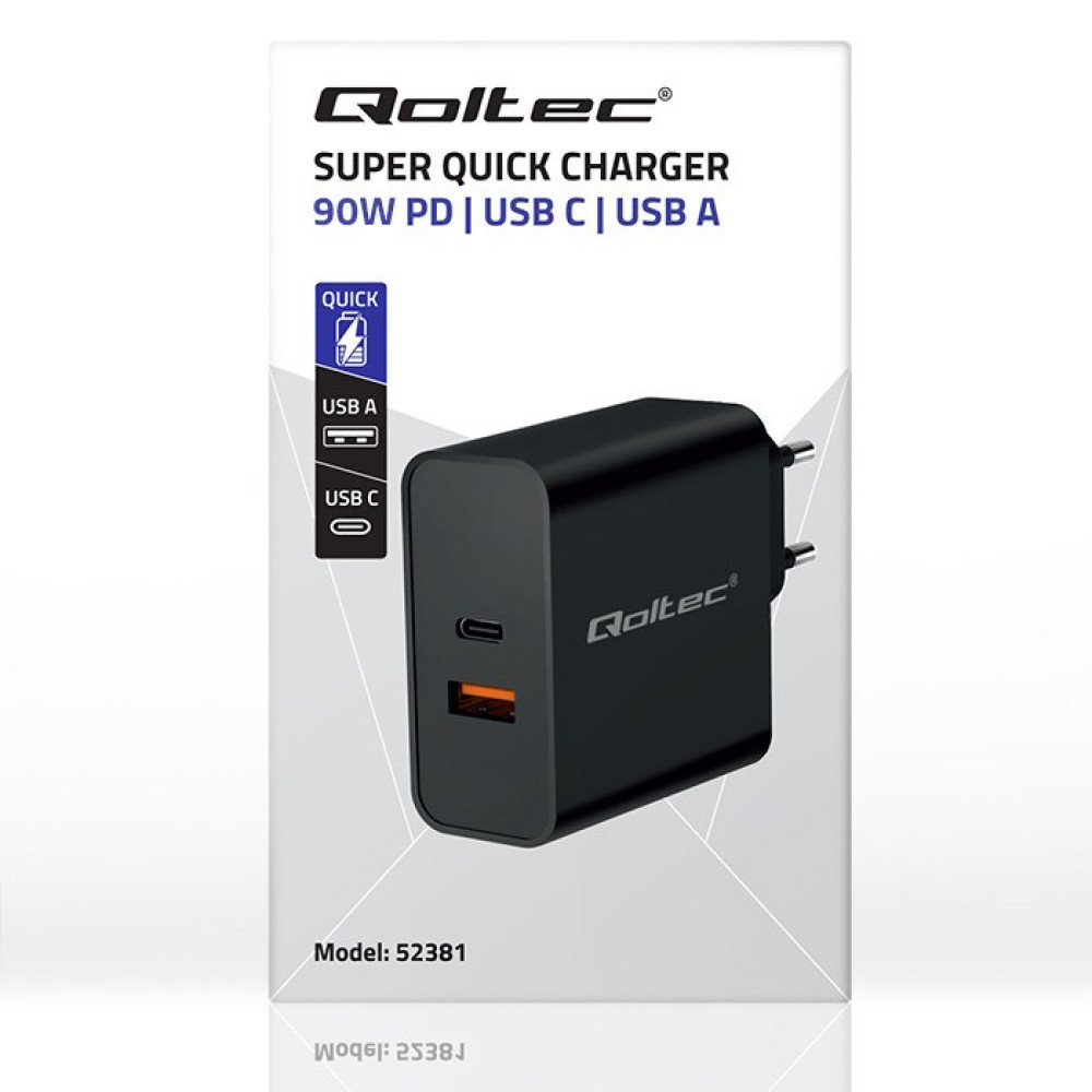 Czarna szybka ładowarka Qoltec 90W PD z portami USB-C i USB-A.