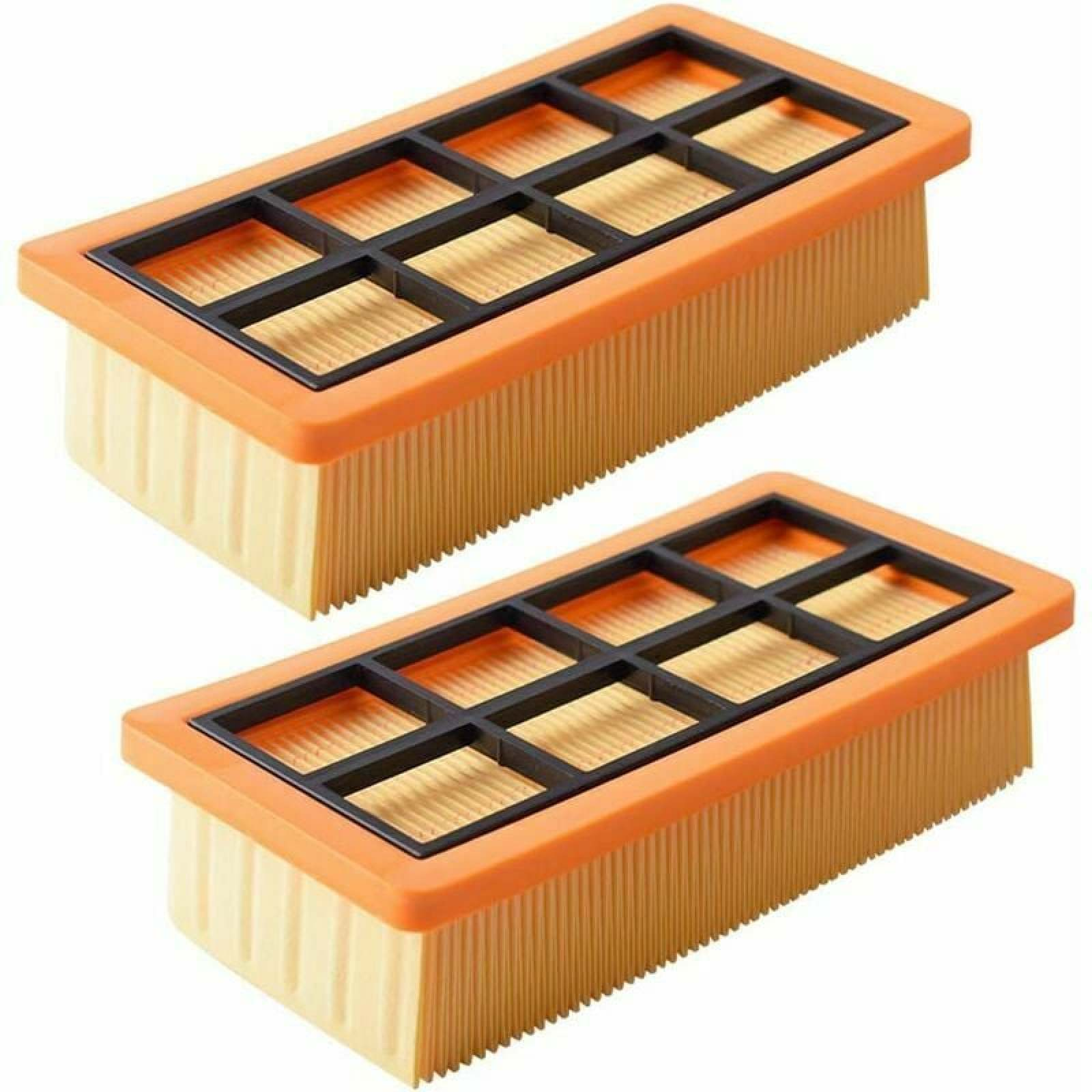 Zwei orangefarbene Luftfilter mit schwarzen Gittern auf weißem Hintergrund.