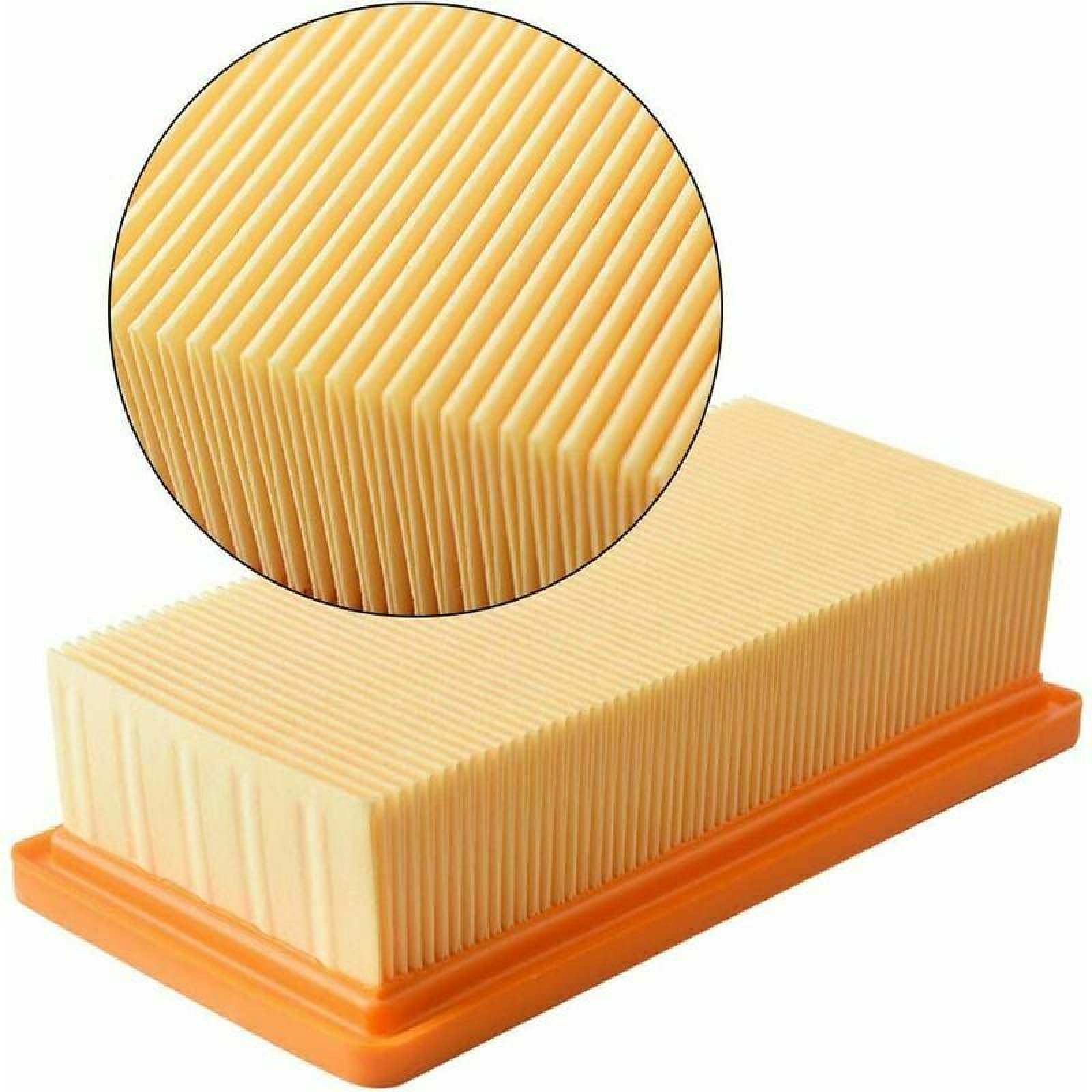 Ein hellgelber Luftfilter mit orangefarbenem Rahmen und feinen Falten.
