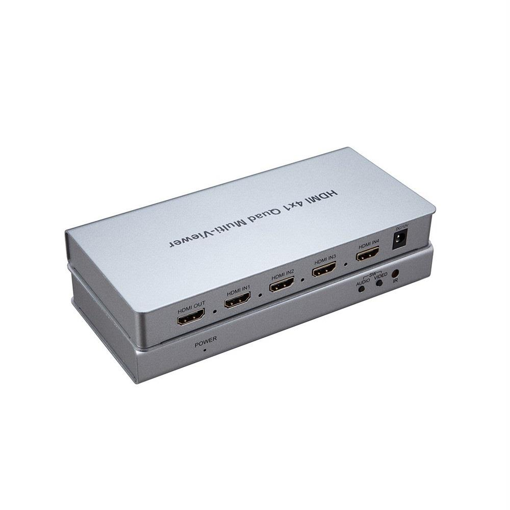 Gümüş HDMI 4x1 Dörtlü Görüntüleyici, güç, ses ve video bağlantı noktalarına sahip.