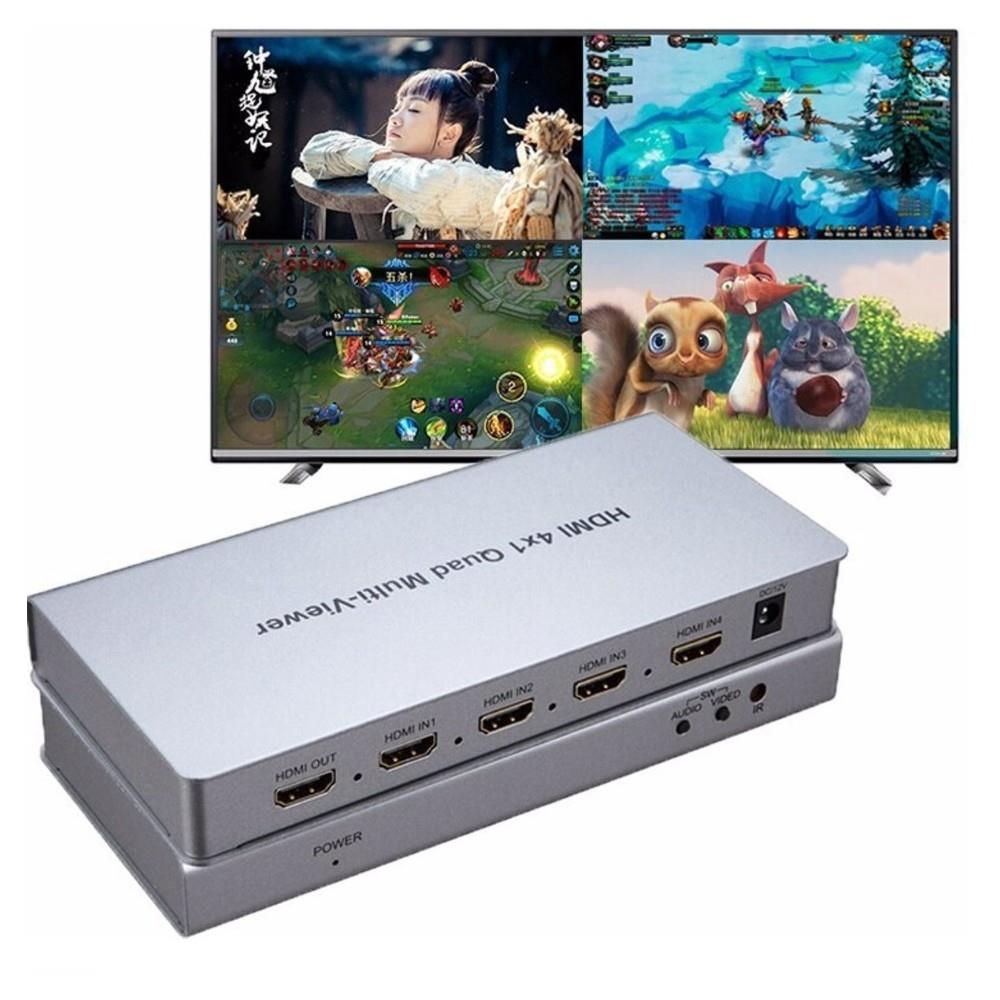 Gümüş renkli HDMI 4x1 dörtlü çoklayıcı dört farklı görüntü gösteriyor.