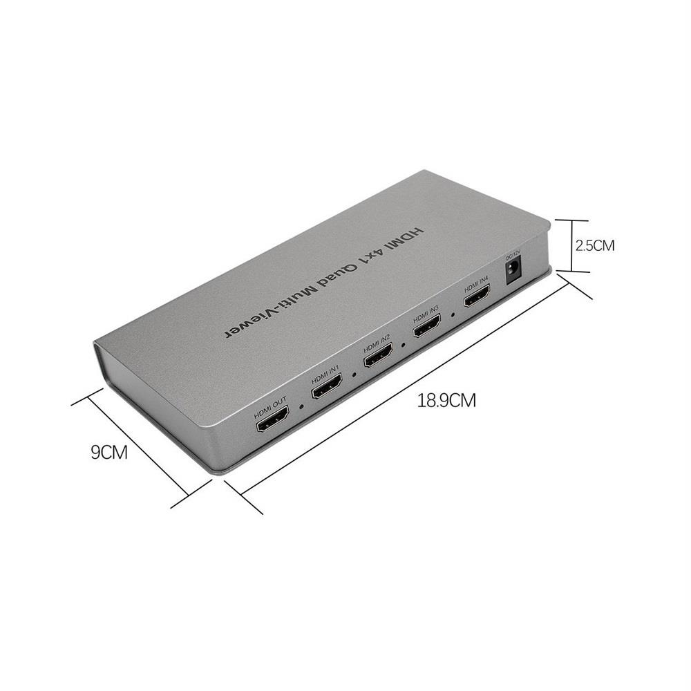 Gümüş renkli HDMI 4x1 Dörtlü Çoklu Görüntüleyici, boyutları 18,9cm x 9cm x 2,5cm.