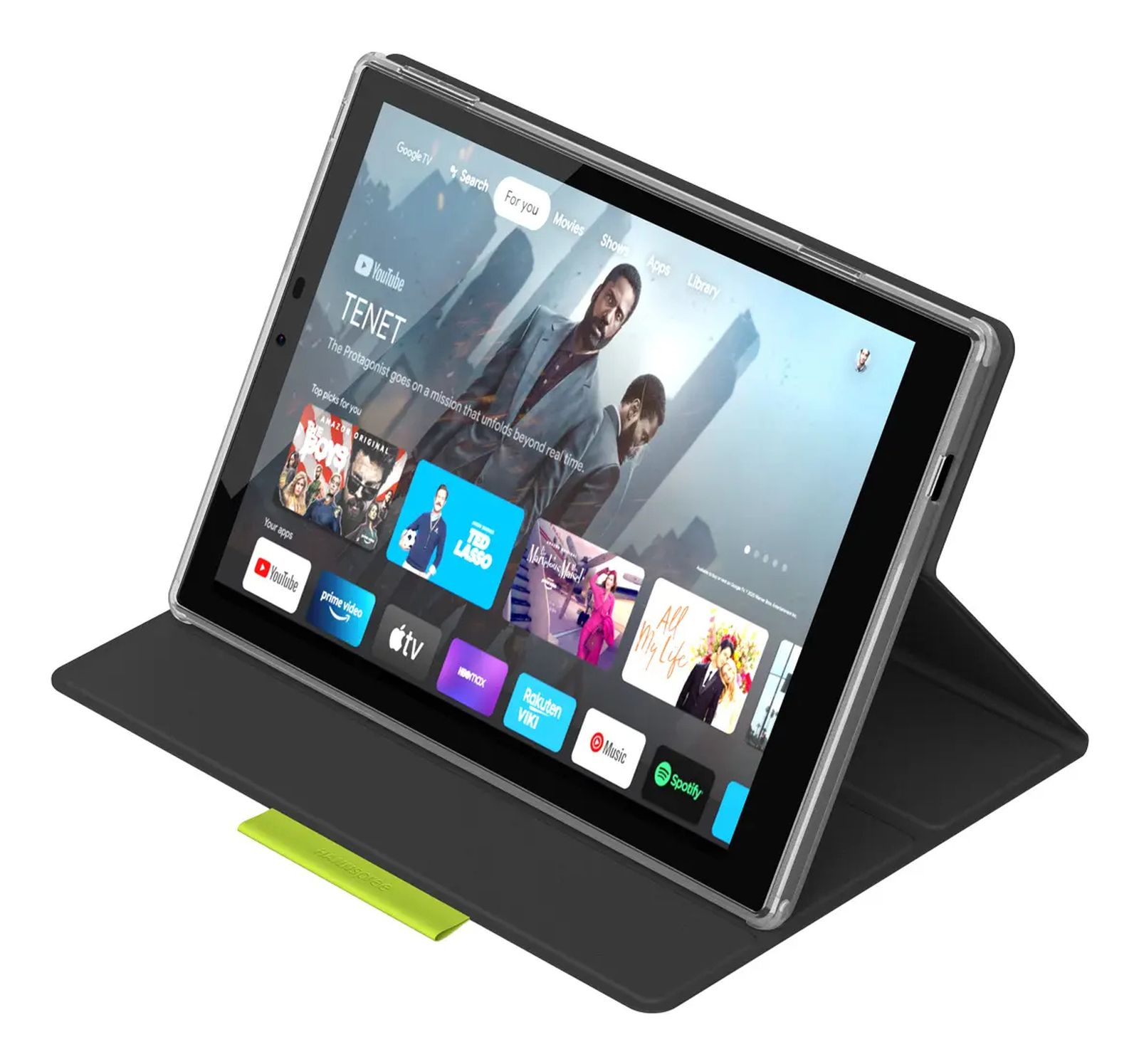 Un supporto per tablet nero tiene un tablet che mostra un'interfaccia Google TV.