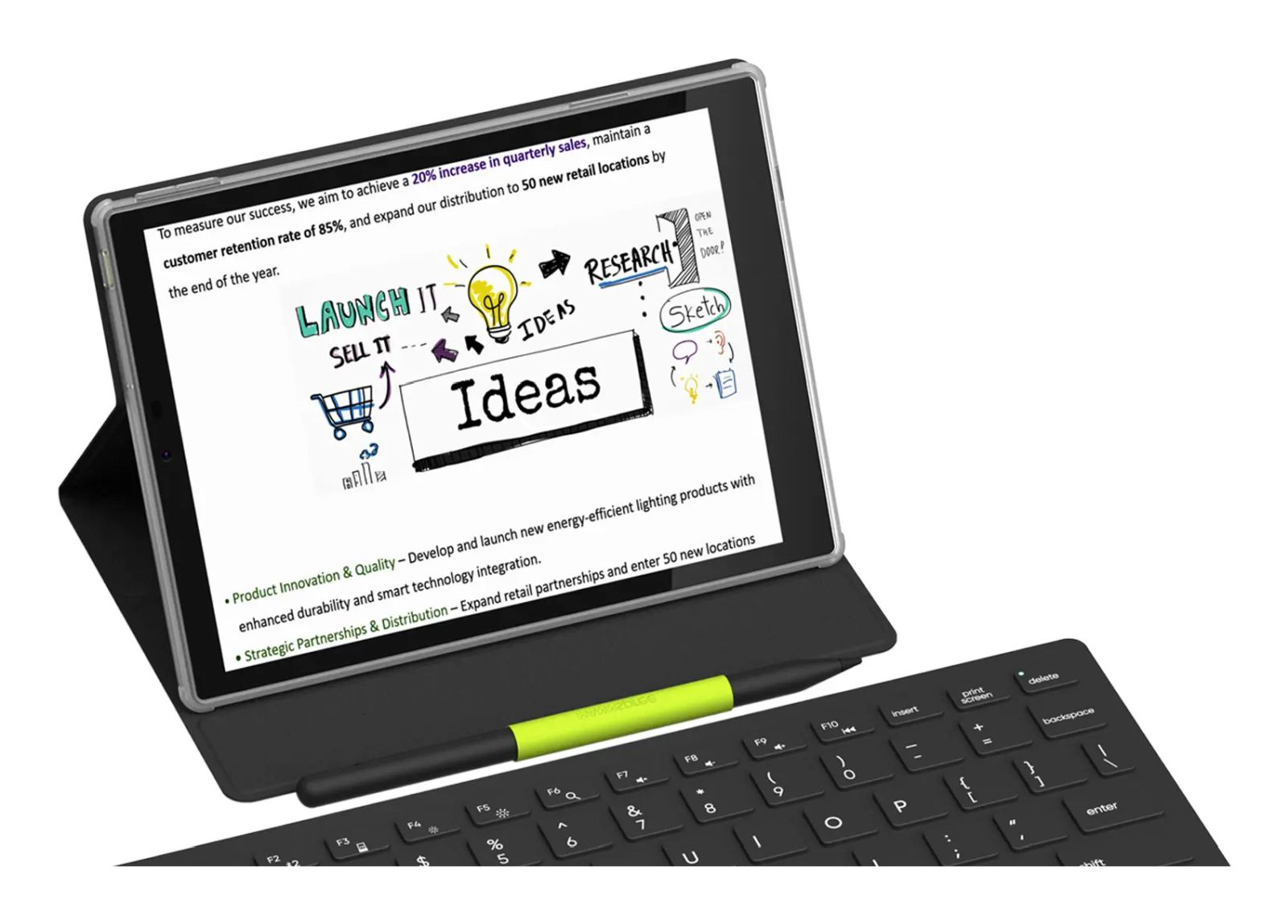 Tablet con tastiera mostra uno schizzo di idee con testo come Launch it e Research.