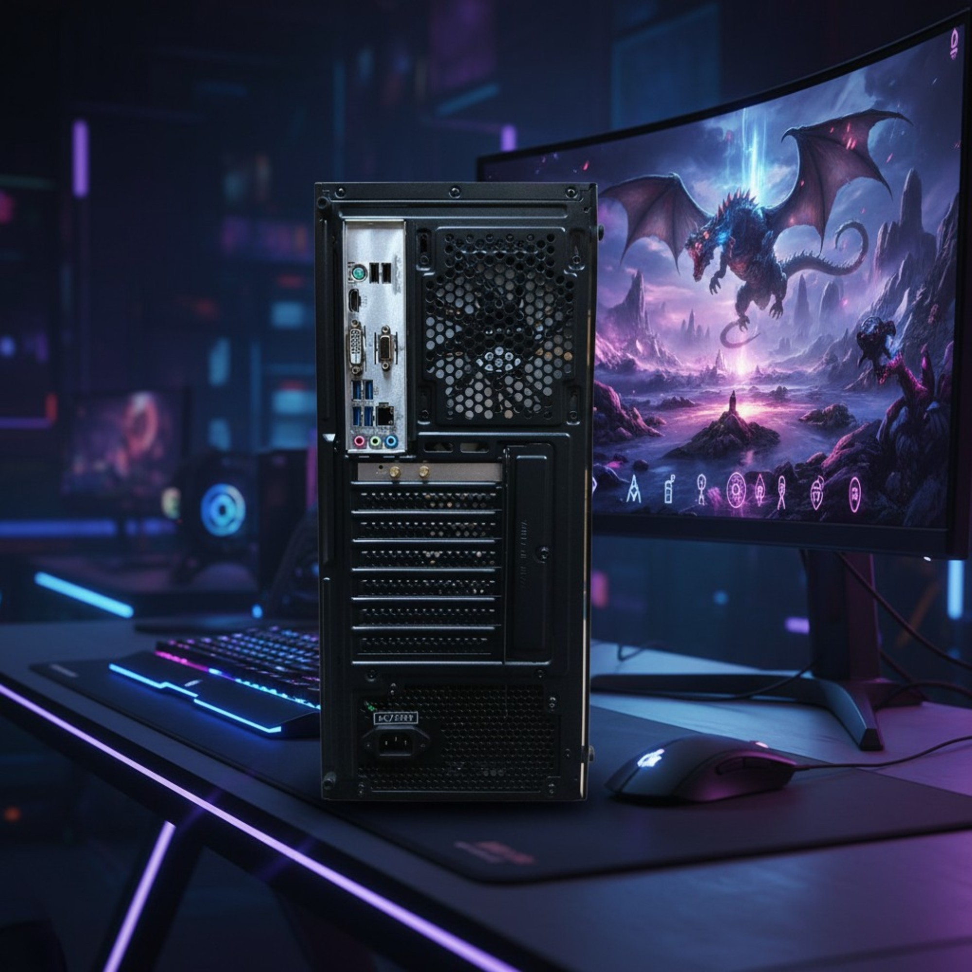 Una torre de PC está sobre un escritorio con teclado, ratón y monitor.