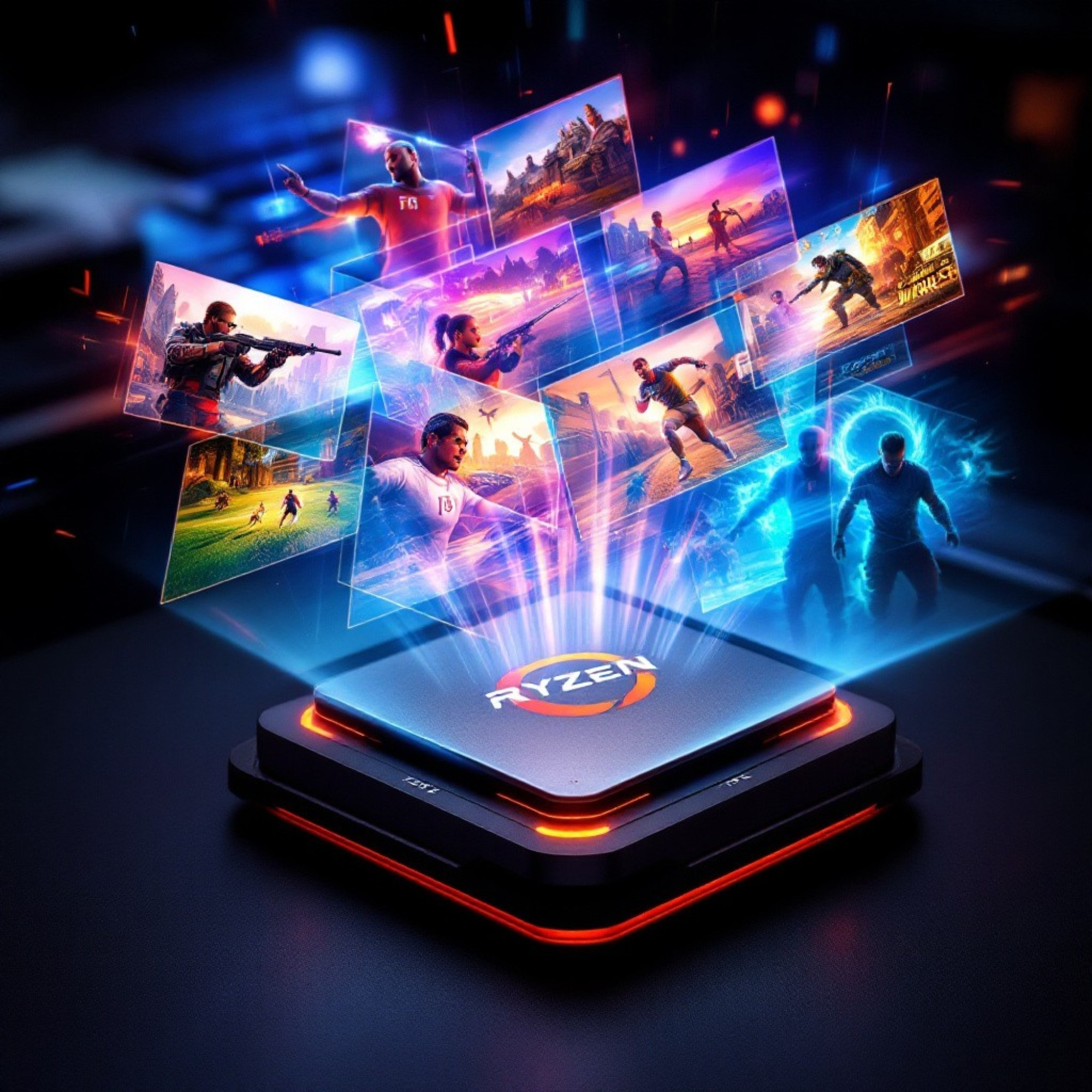 Un procesador con el logo de Ryzen mostrando juegos en múltiples pantallas.