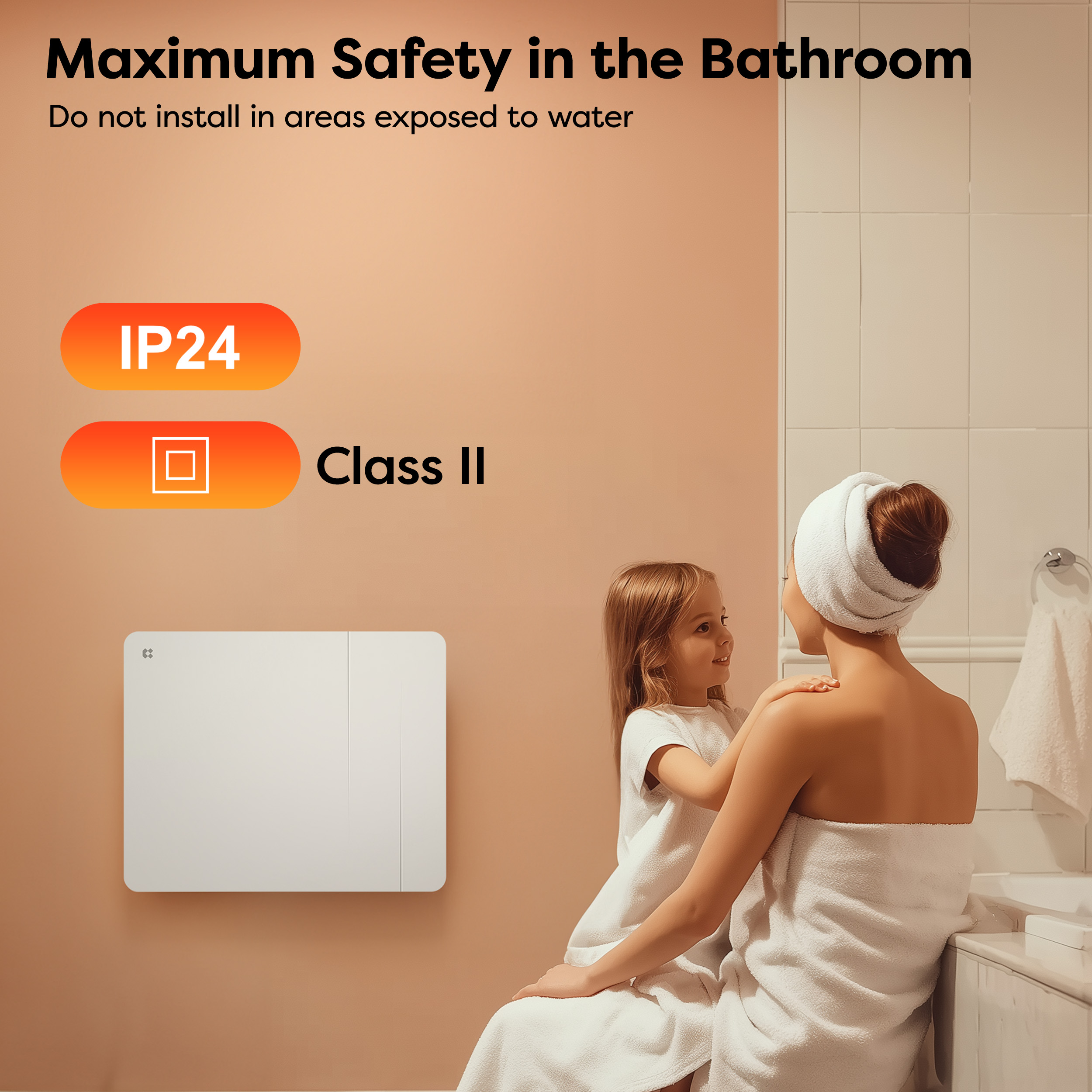 Un riscaldatore bianco con grado IP24 e Classe II mostrato in un bagno.