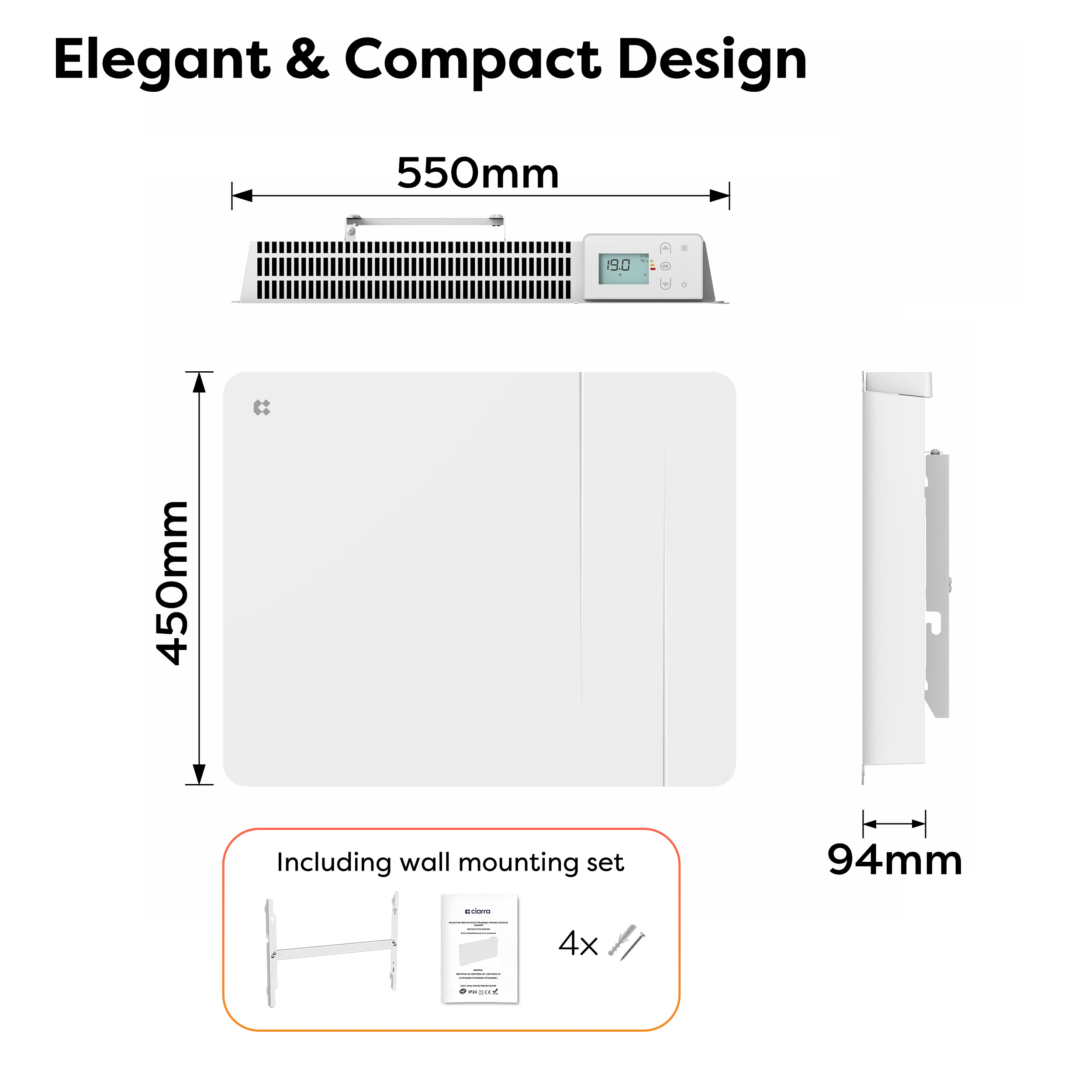 Un radiatore bianco di 550x450x94mm, con set di montaggio incluso.