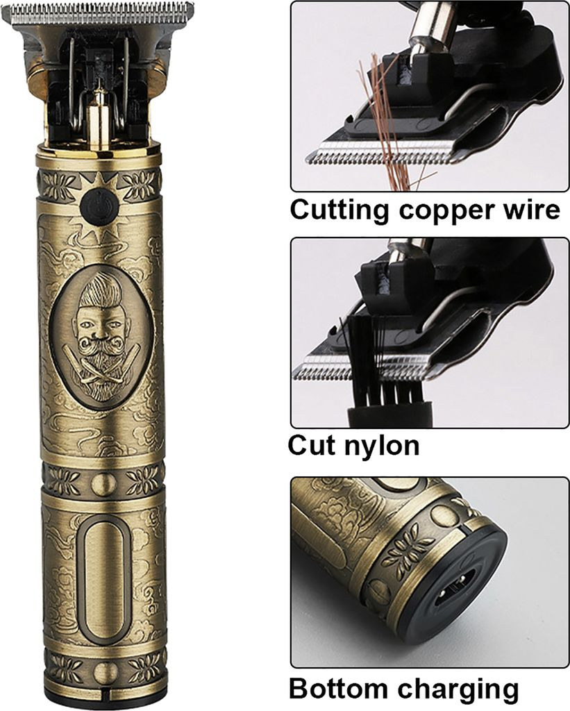 Ein goldener Haarschneider mit Gravuren, der Kupferdraht und Nylon schneidet.