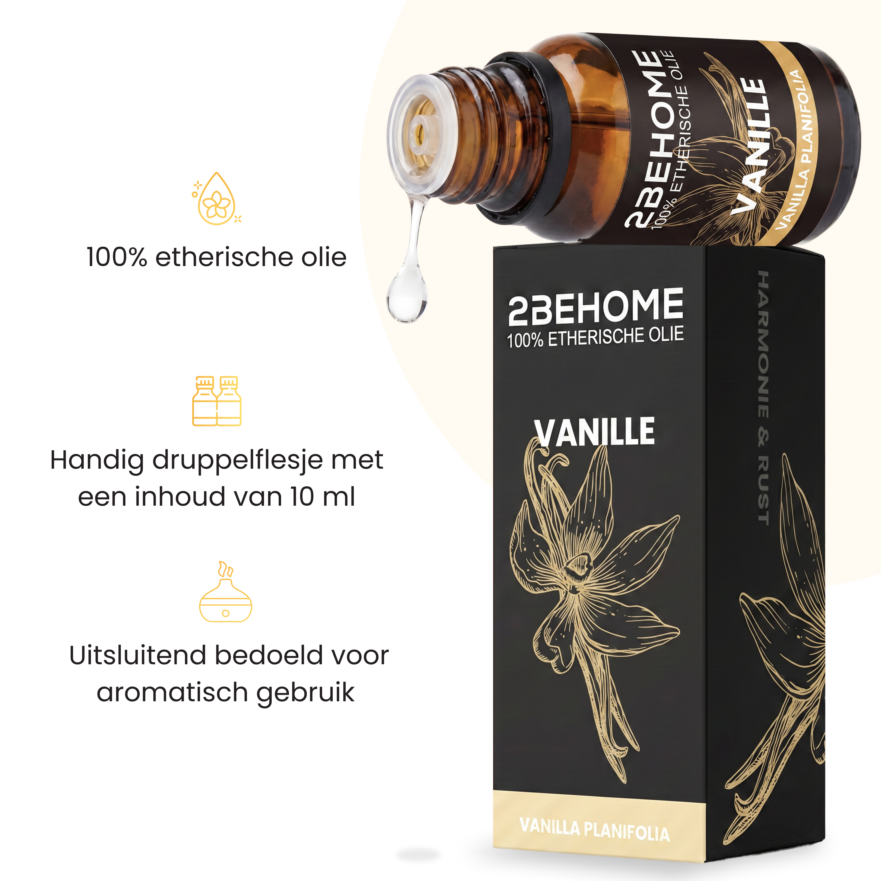 Eine braune Flasche mit Vanilleöl wird gezeigt, daneben eine Box mit Vanilleblumen-Design.