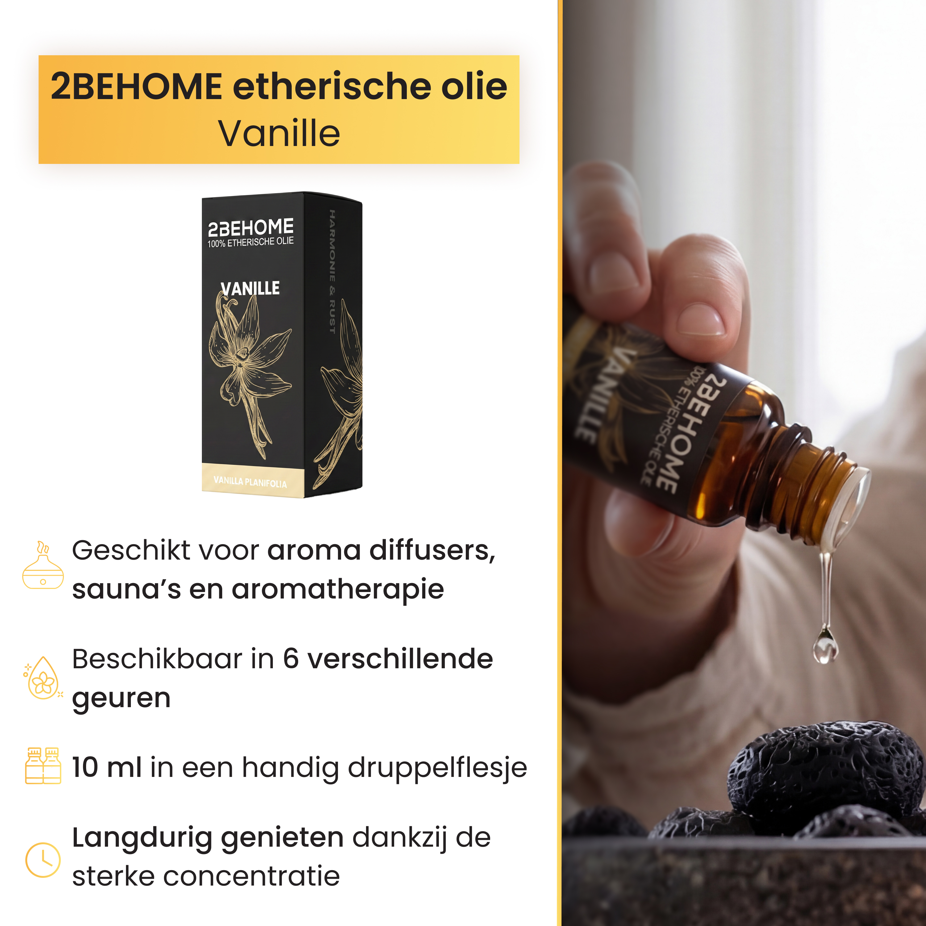 Eine Hand tropft Vanille-Öl aus einer Flasche auf dunkle Steine.